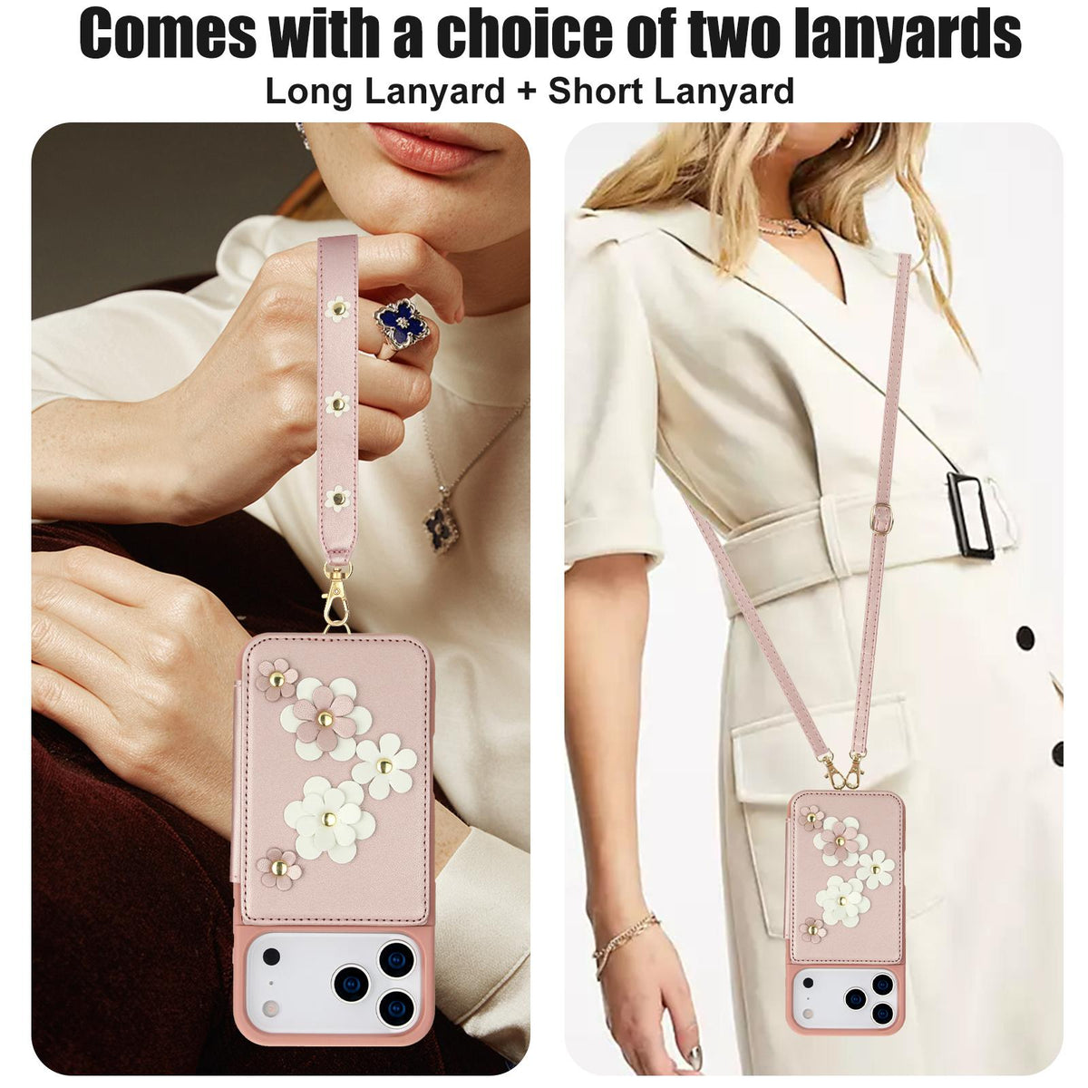 Compatible with iPhone 18 Pro Max & 17 Pro Max Crossbody Flower Pattern Leather Phone Case - Rose Gold