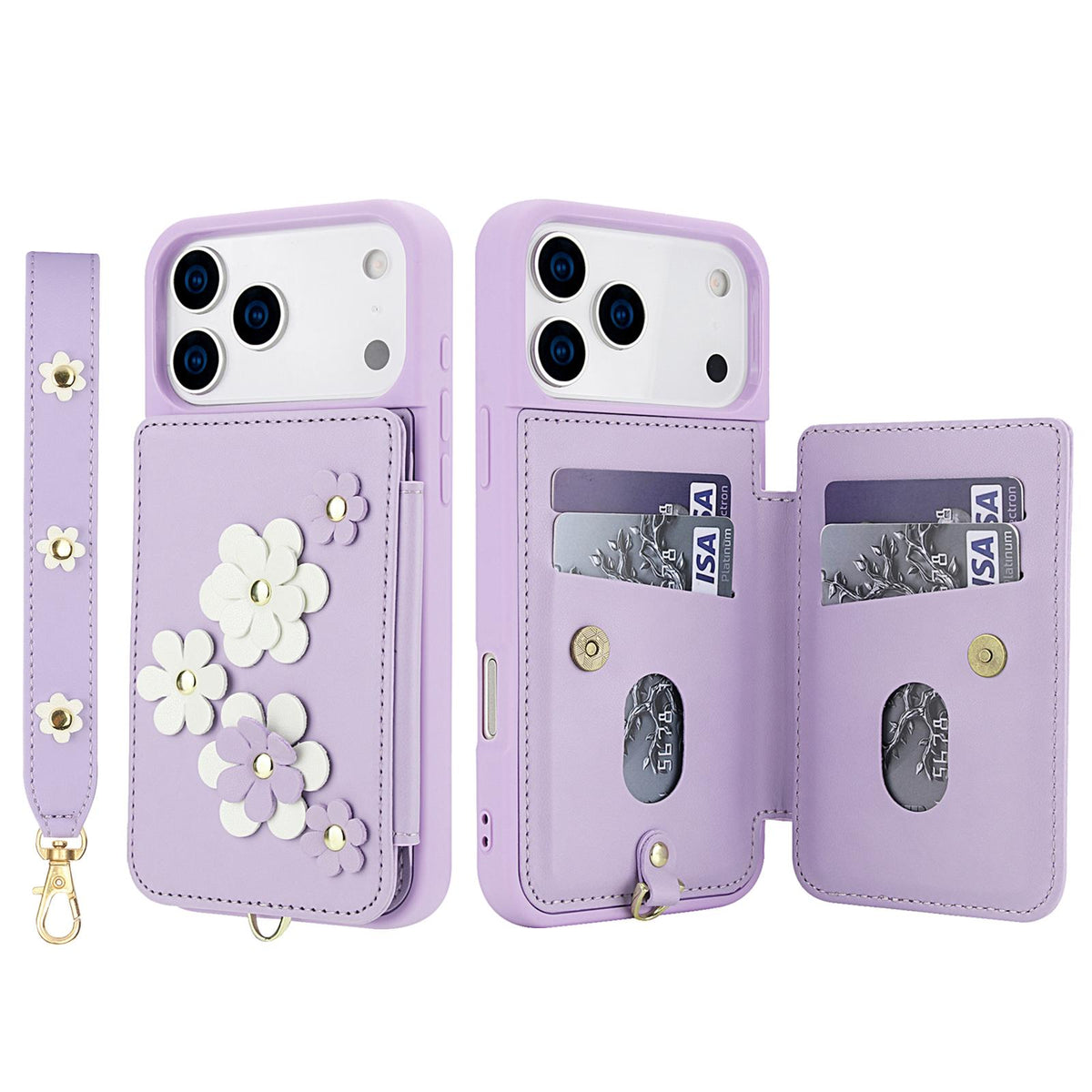 Compatible with iPhone 18 Pro Max & 17 Pro Max Crossbody Flower Pattern Leather Phone Case - Purple