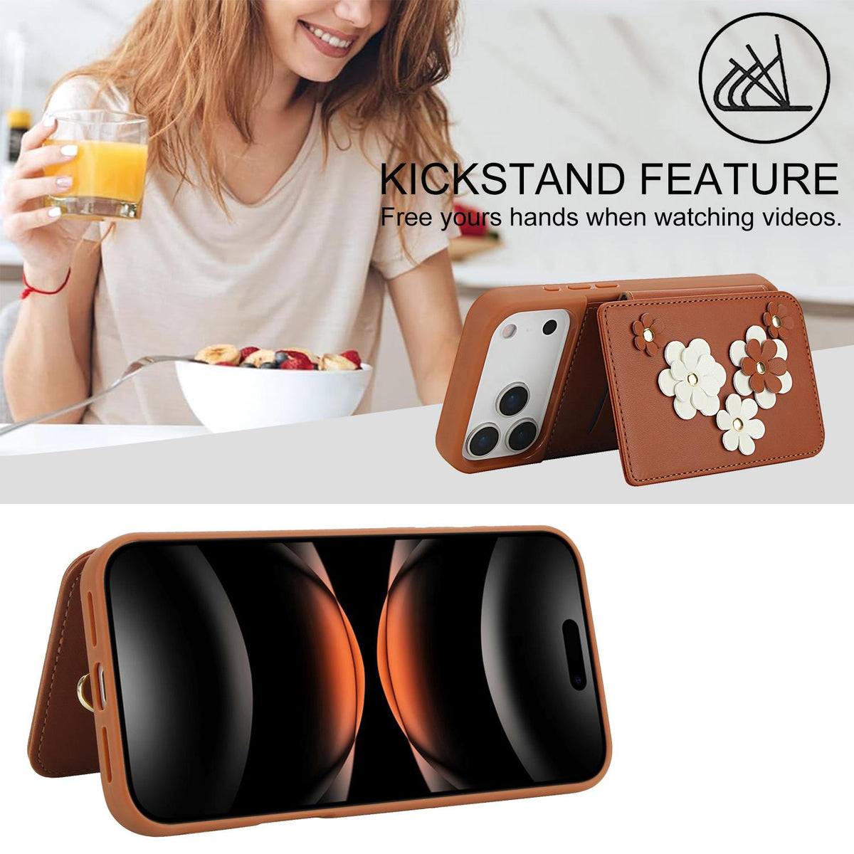 Compatible with iPhone 18 Pro Max & 17 Pro Max Crossbody Flower Pattern Leather Phone Case - Brown
