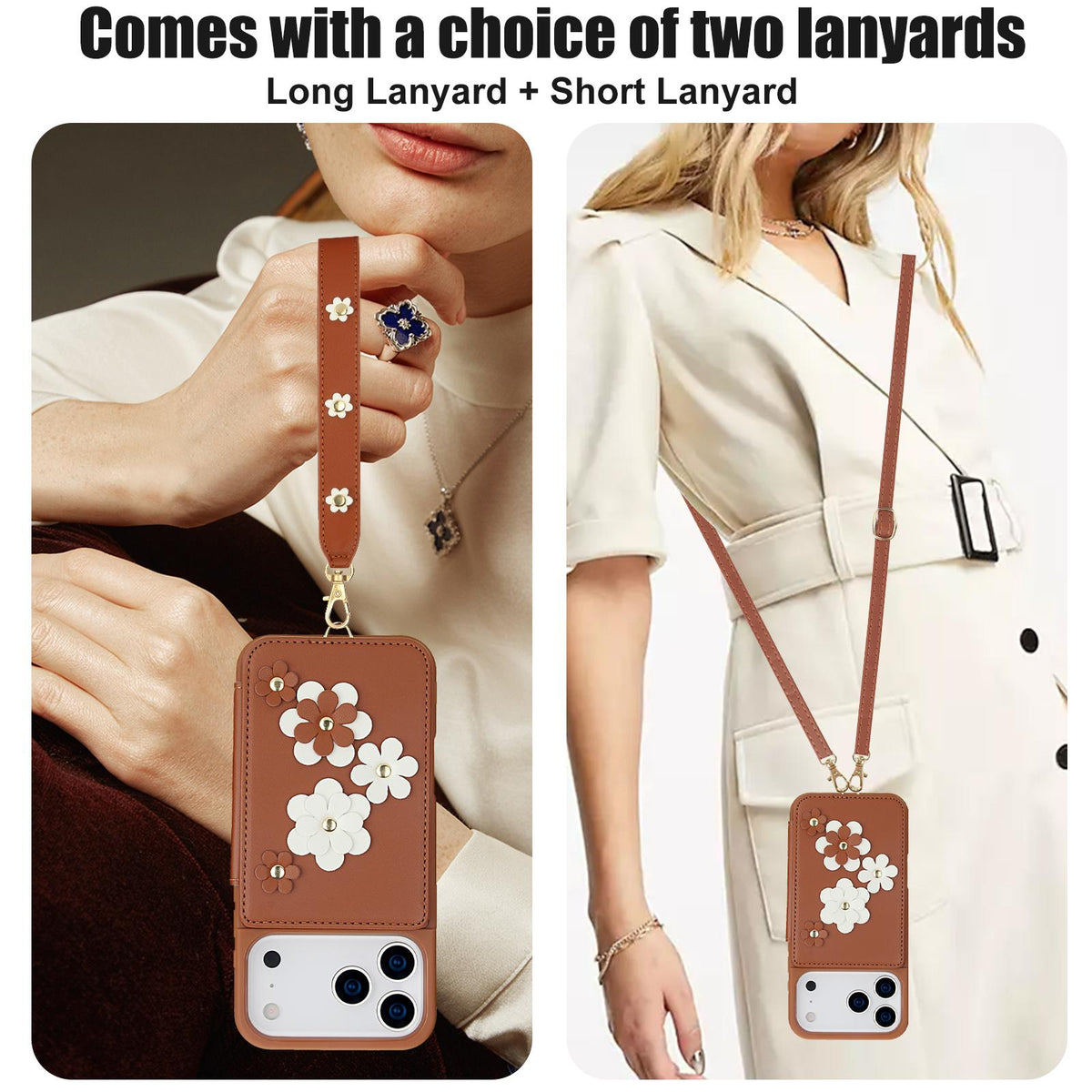 Compatible with iPhone 18 Pro Max & 17 Pro Max Crossbody Flower Pattern Leather Phone Case - Brown