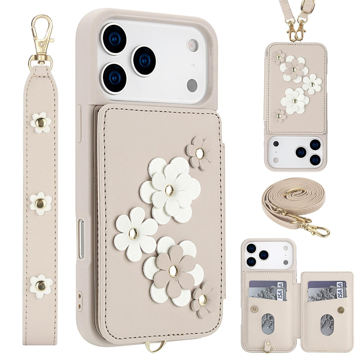 Compatible with iPhone 18 Pro & 17 Pro Crossbody Flower Pattern Leather Phone Case - White