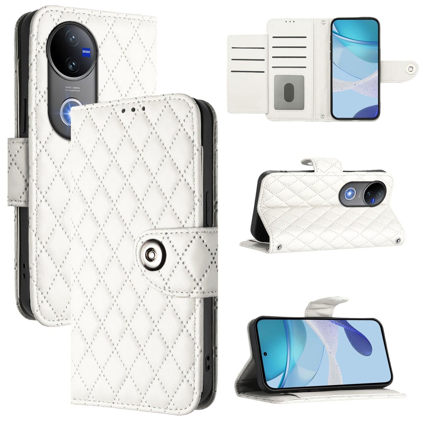 For vivo V50 5G Global Rhombic Texture Flip Leather Phone Case with Lanyard(White)