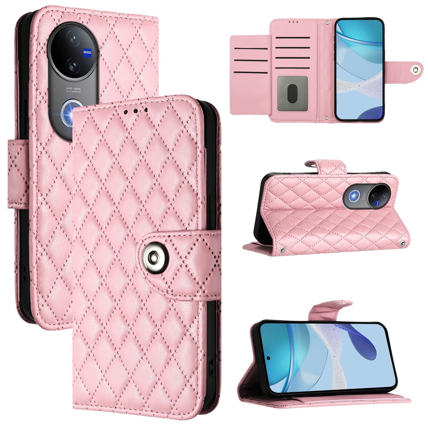 For vivo V50 5G Global Rhombic Texture Flip Leather Phone Case with Lanyard(Pink)