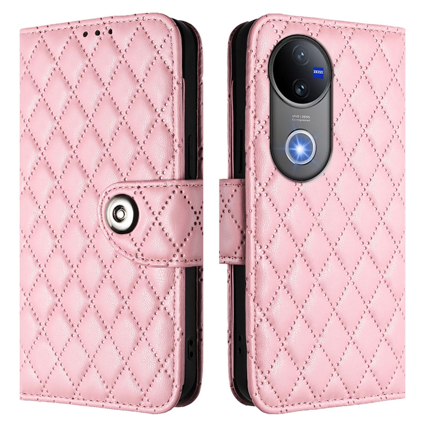 For vivo V50 5G Global Rhombic Texture Flip Leather Phone Case with Lanyard(Pink)