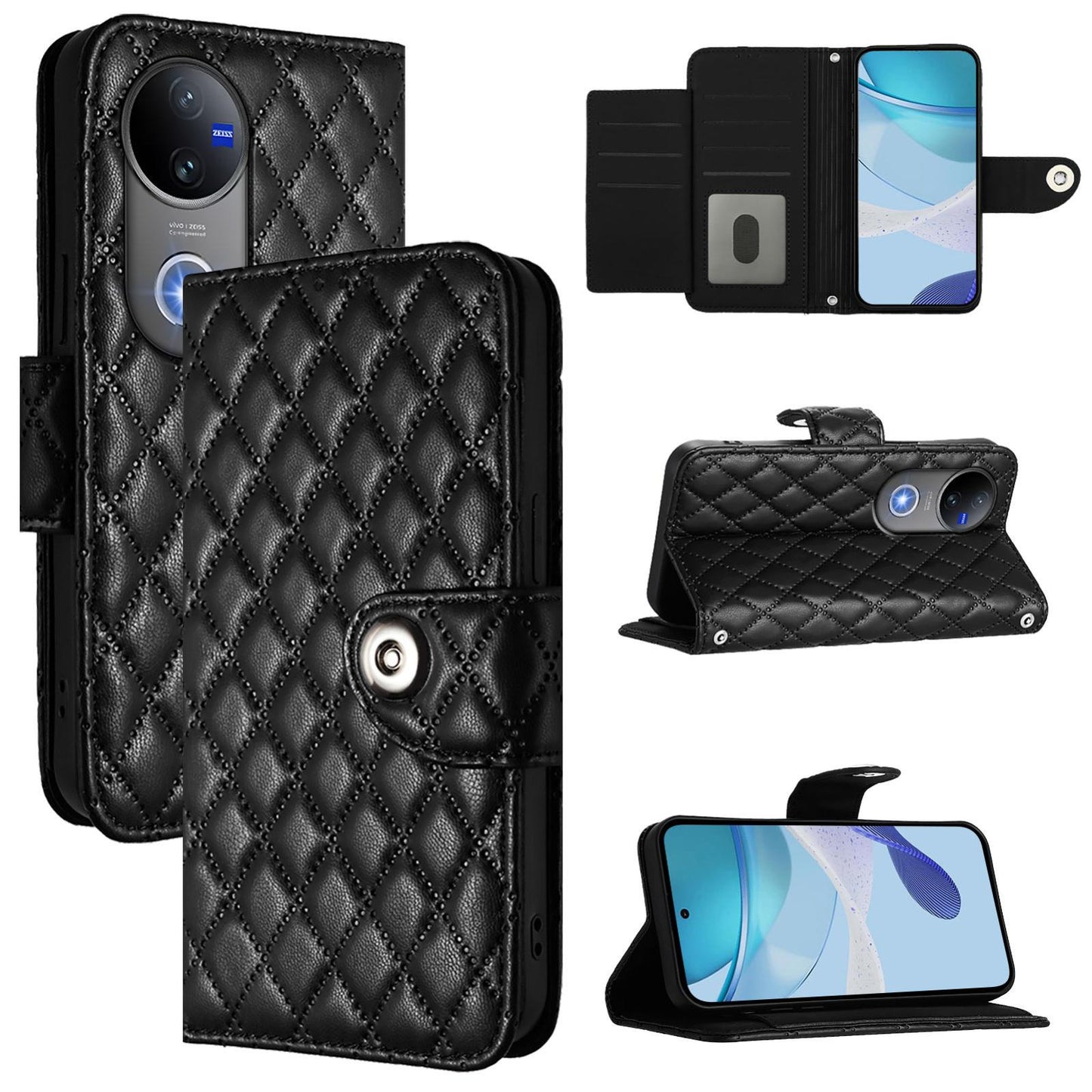 For vivo V50 5G Global Rhombic Texture Flip Leather Phone Case with Lanyard(Black)