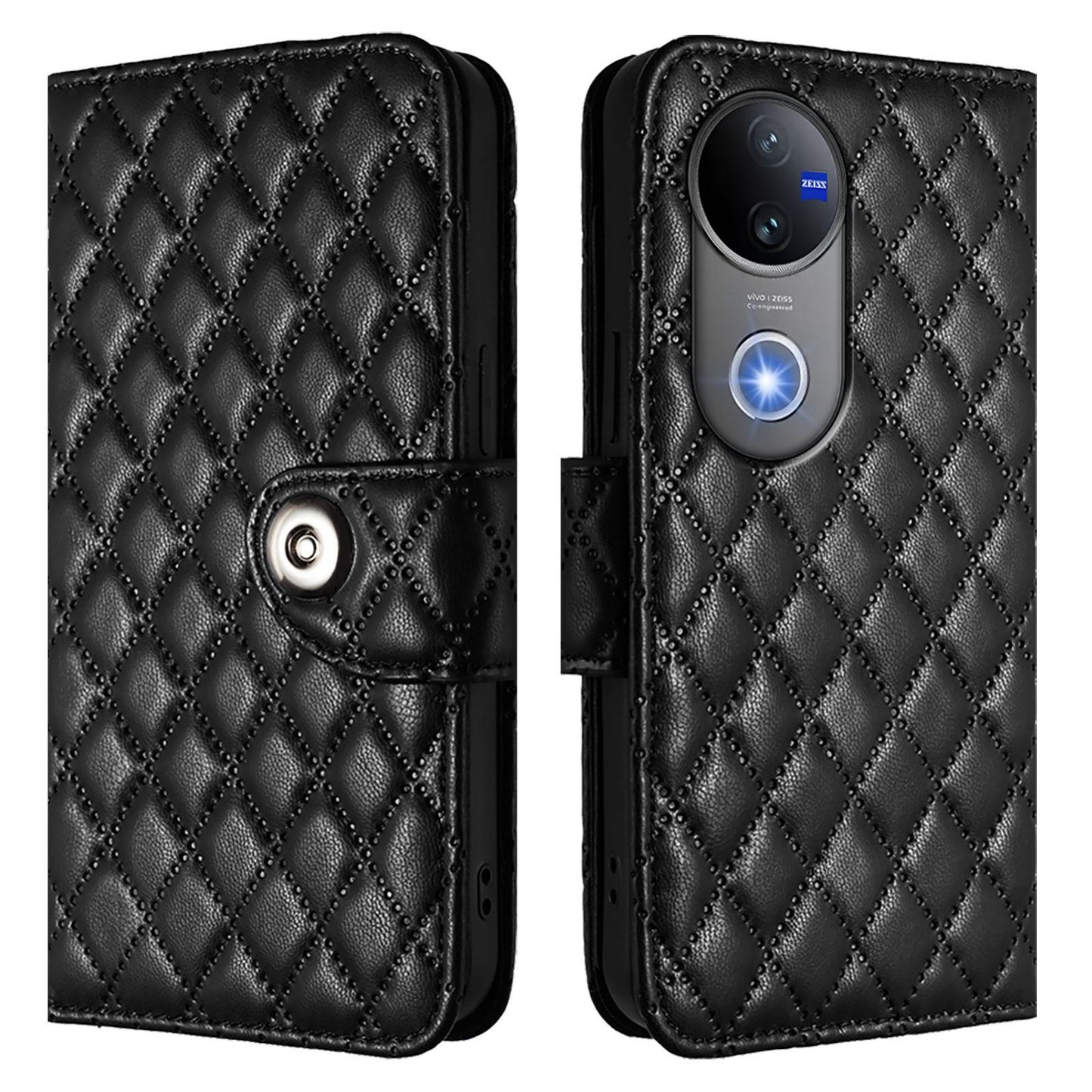 For vivo V50 5G Global Rhombic Texture Flip Leather Phone Case with Lanyard(Black)