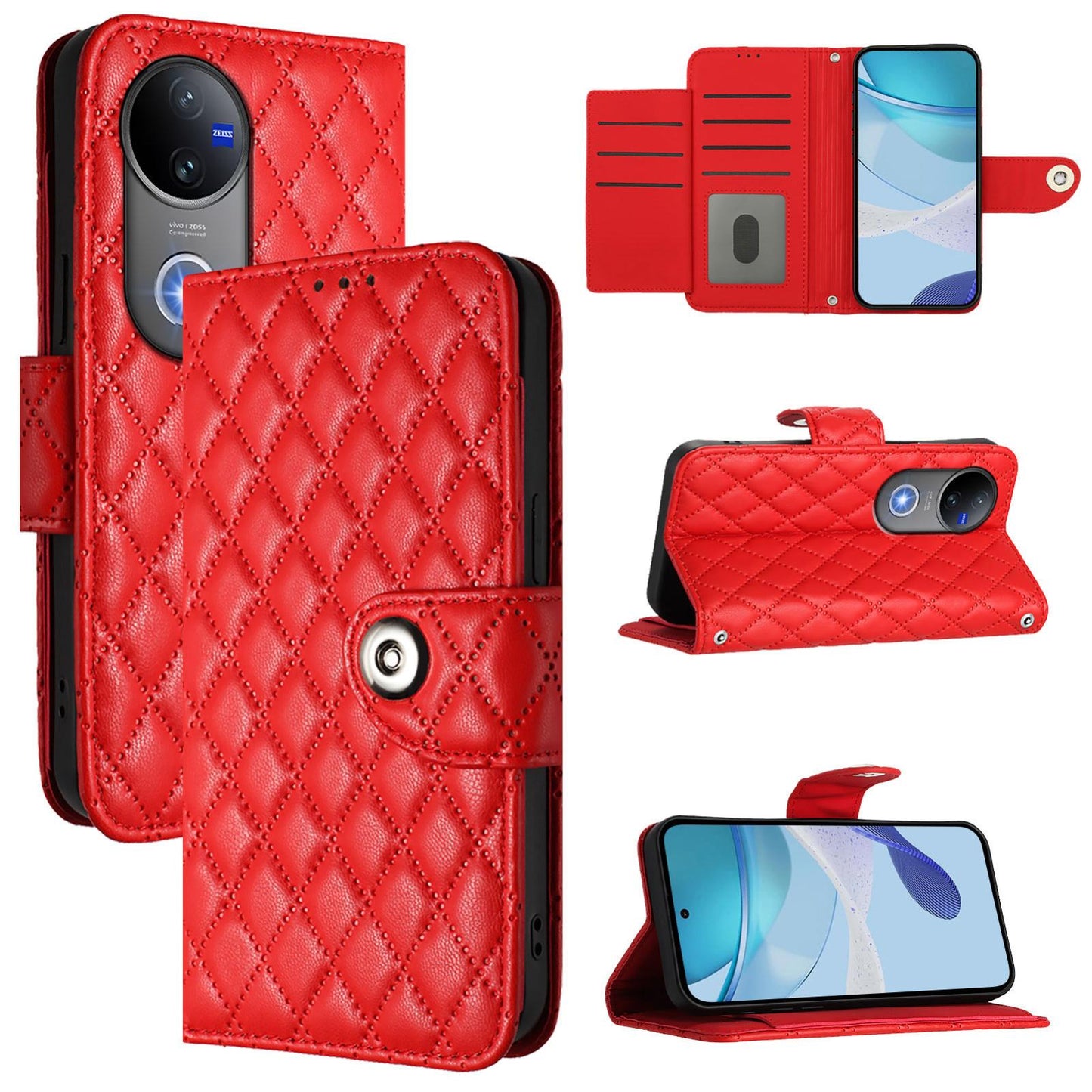 For vivo V50 5G Global Rhombic Texture Flip Leather Phone Case with Lanyard(Red)