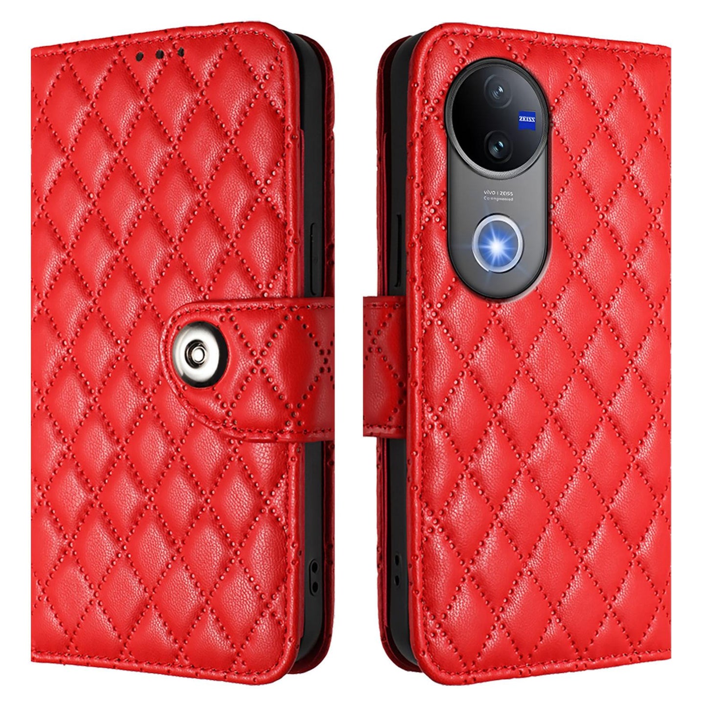 For vivo V50 5G Global Rhombic Texture Flip Leather Phone Case with Lanyard(Red)