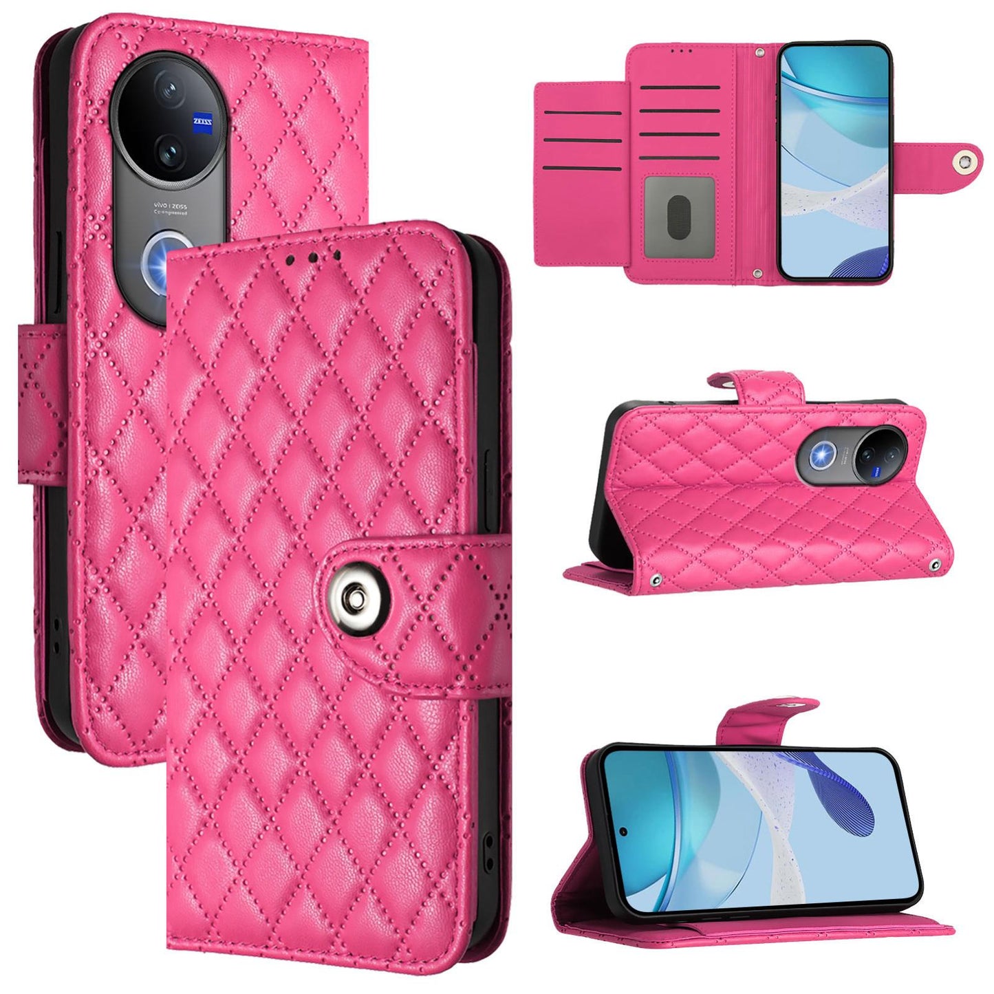 For vivo V50 5G Global Rhombic Texture Flip Leather Phone Case with Lanyard(Rose Red)