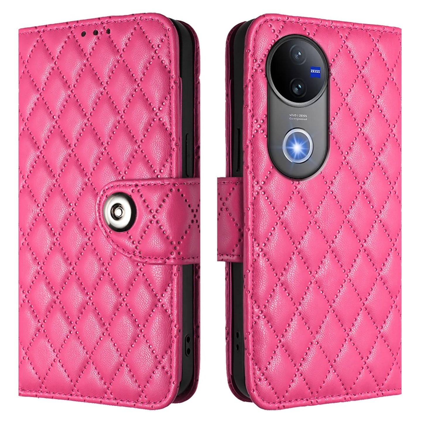 For vivo V50 5G Global Rhombic Texture Flip Leather Phone Case with Lanyard(Rose Red)