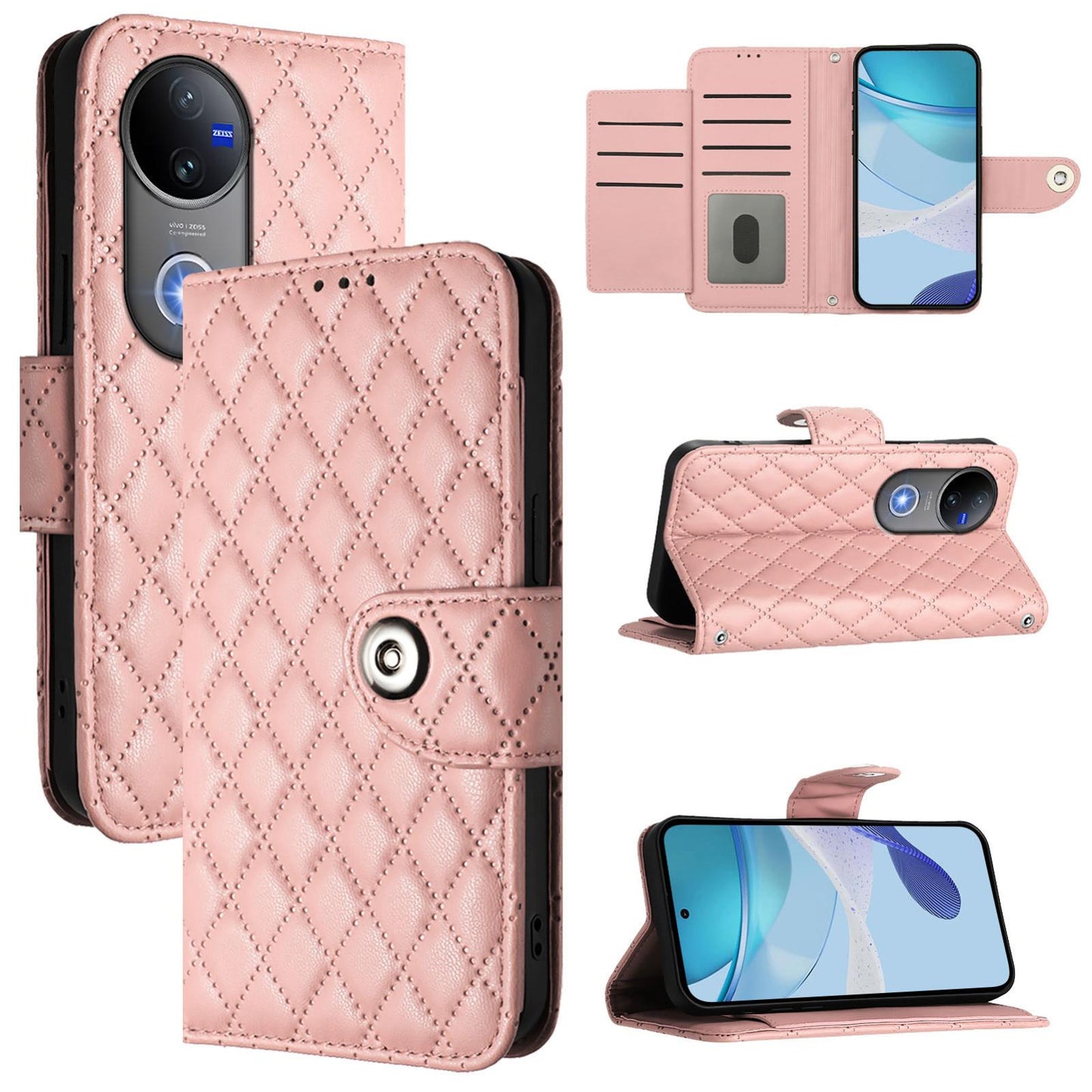 For vivo V50 5G Global Rhombic Texture Flip Leather Phone Case with Lanyard(Coral Pink)