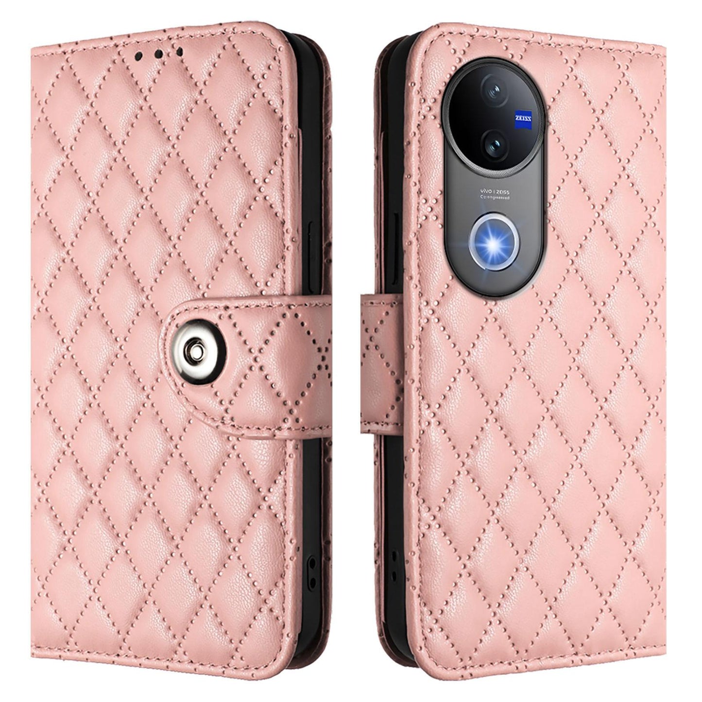 For vivo V50 5G Global Rhombic Texture Flip Leather Phone Case with Lanyard(Coral Pink)