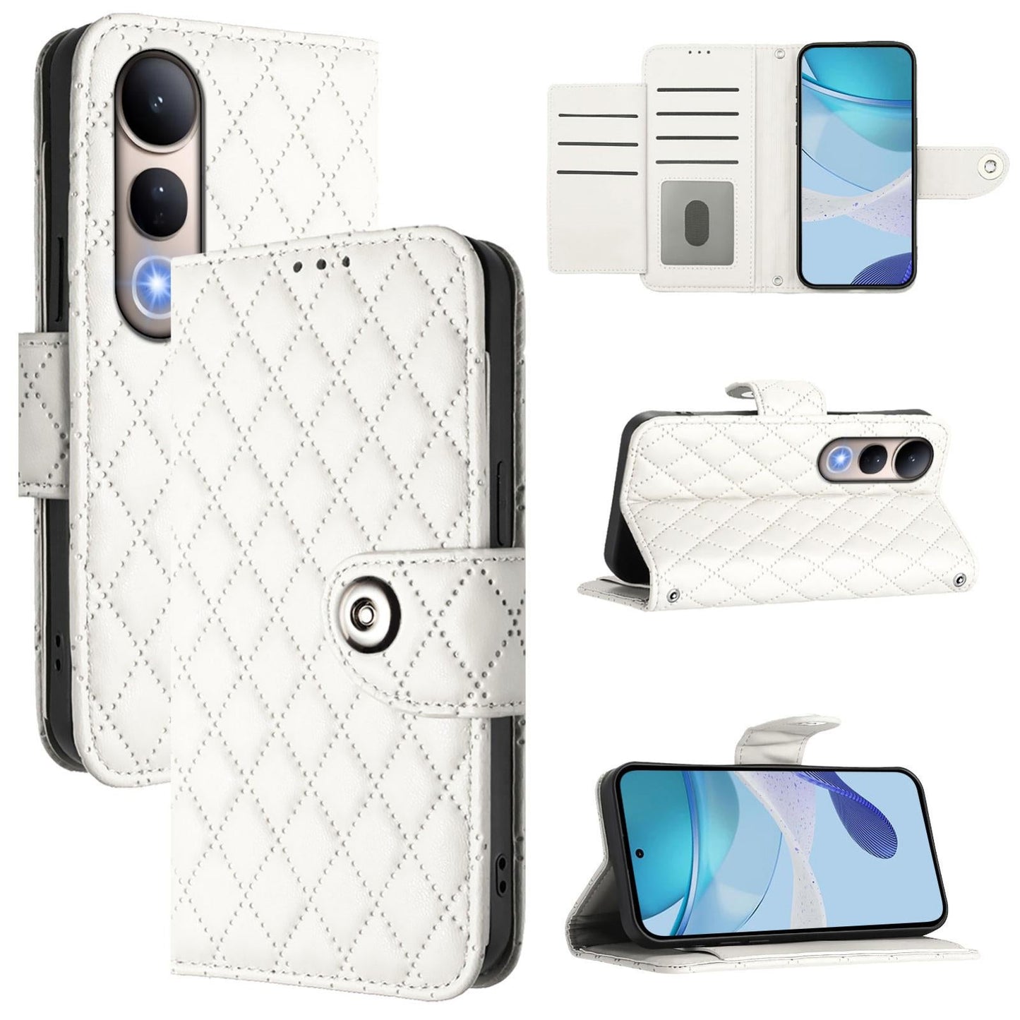 For vivo V50 Lite 5G Rhombic Texture Flip Leather Phone Case with Lanyard(White)