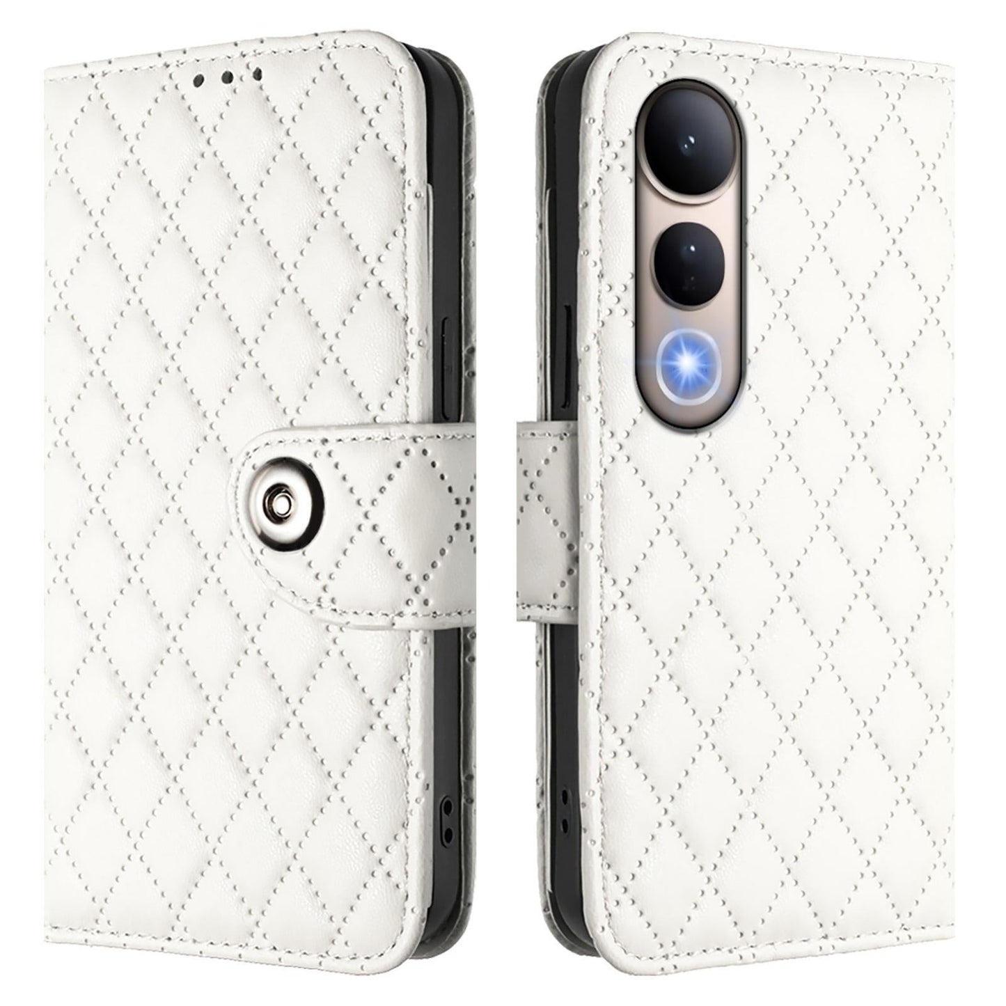 For vivo V50 Lite 5G Rhombic Texture Flip Leather Phone Case with Lanyard(White)