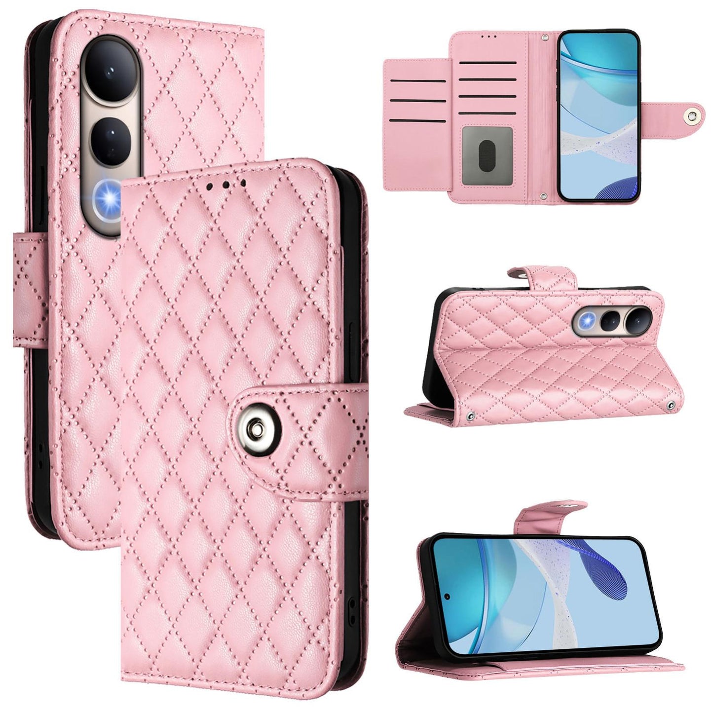 For vivo V50 Lite 5G Rhombic Texture Flip Leather Phone Case with Lanyard(Pink)