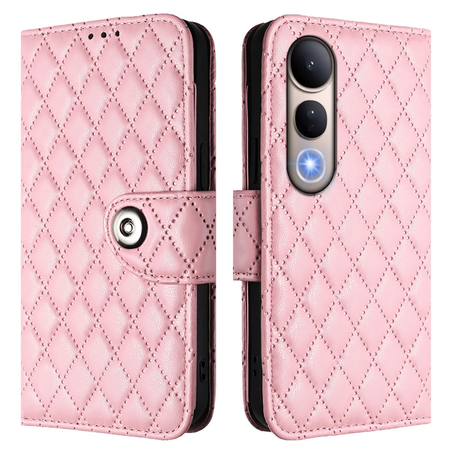 For vivo V50 Lite 5G Rhombic Texture Flip Leather Phone Case with Lanyard(Pink)