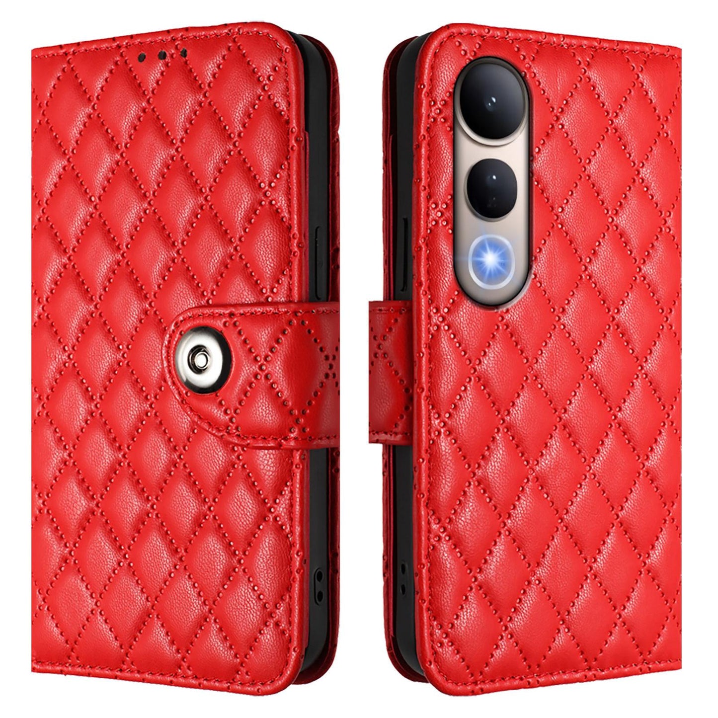 For vivo V50 Lite 5G Rhombic Texture Flip Leather Phone Case with Lanyard(Red)