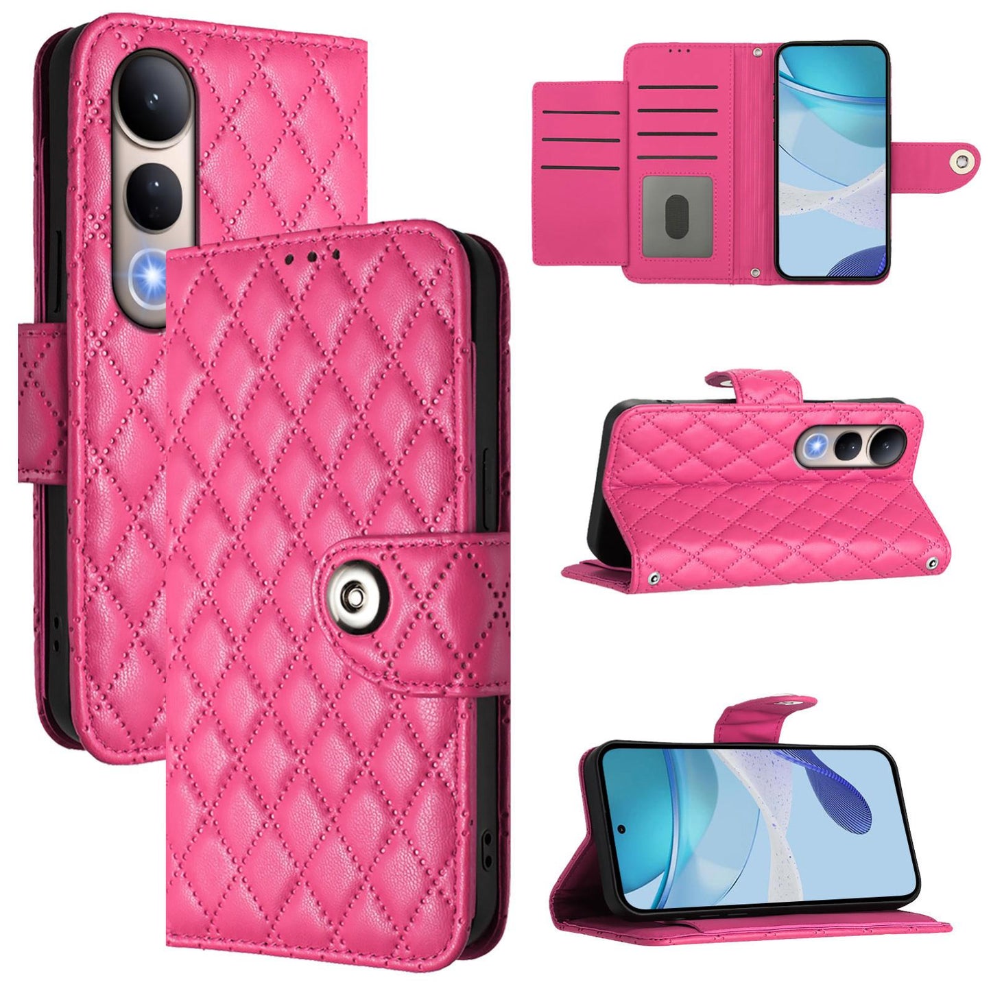 For vivo V50 Lite 5G Rhombic Texture Flip Leather Phone Case with Lanyard(Rose Red)