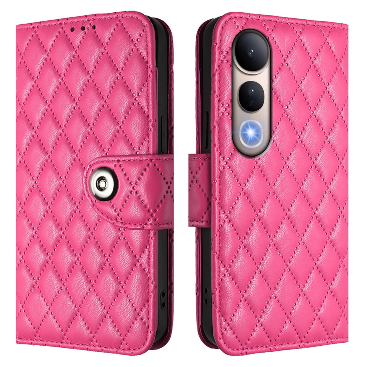 For vivo V50 Lite 5G Rhombic Texture Flip Leather Phone Case with Lanyard(Rose Red)