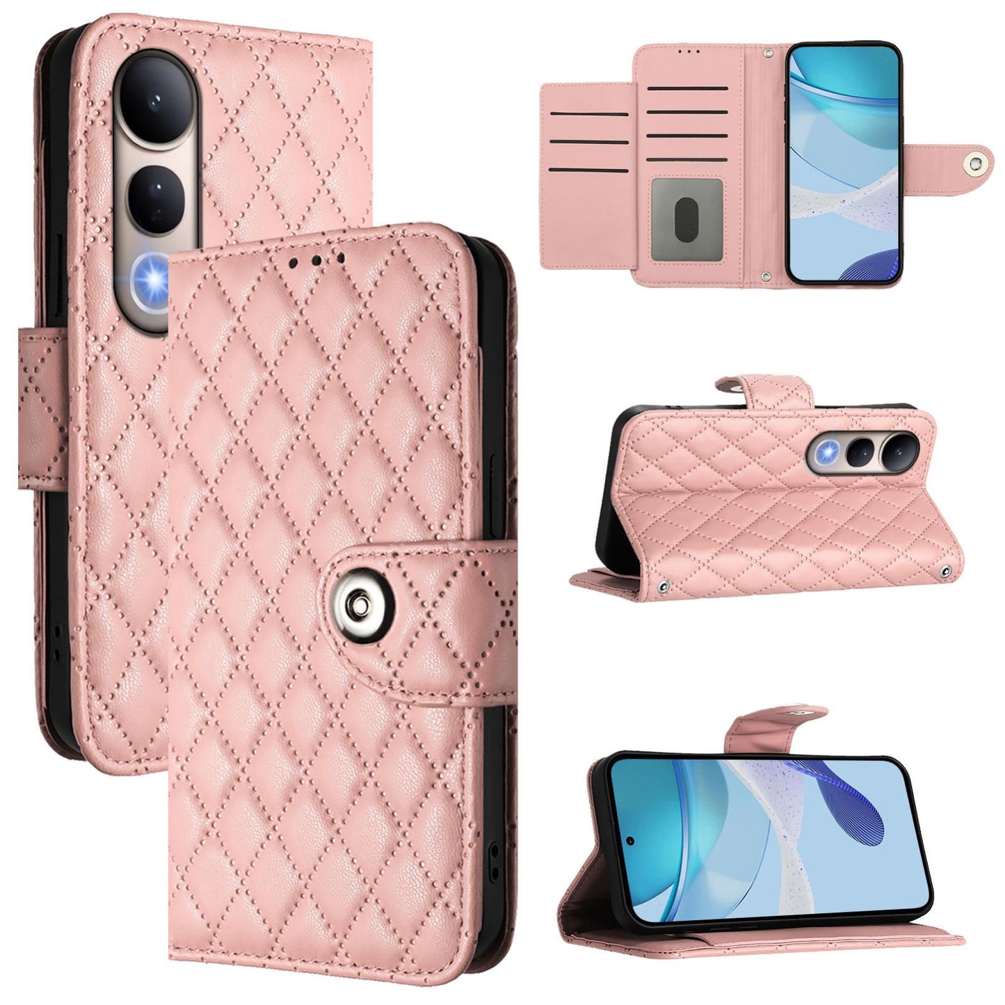 For vivo V50 Lite 5G Rhombic Texture Flip Leather Phone Case with Lanyard(Coral Pink)