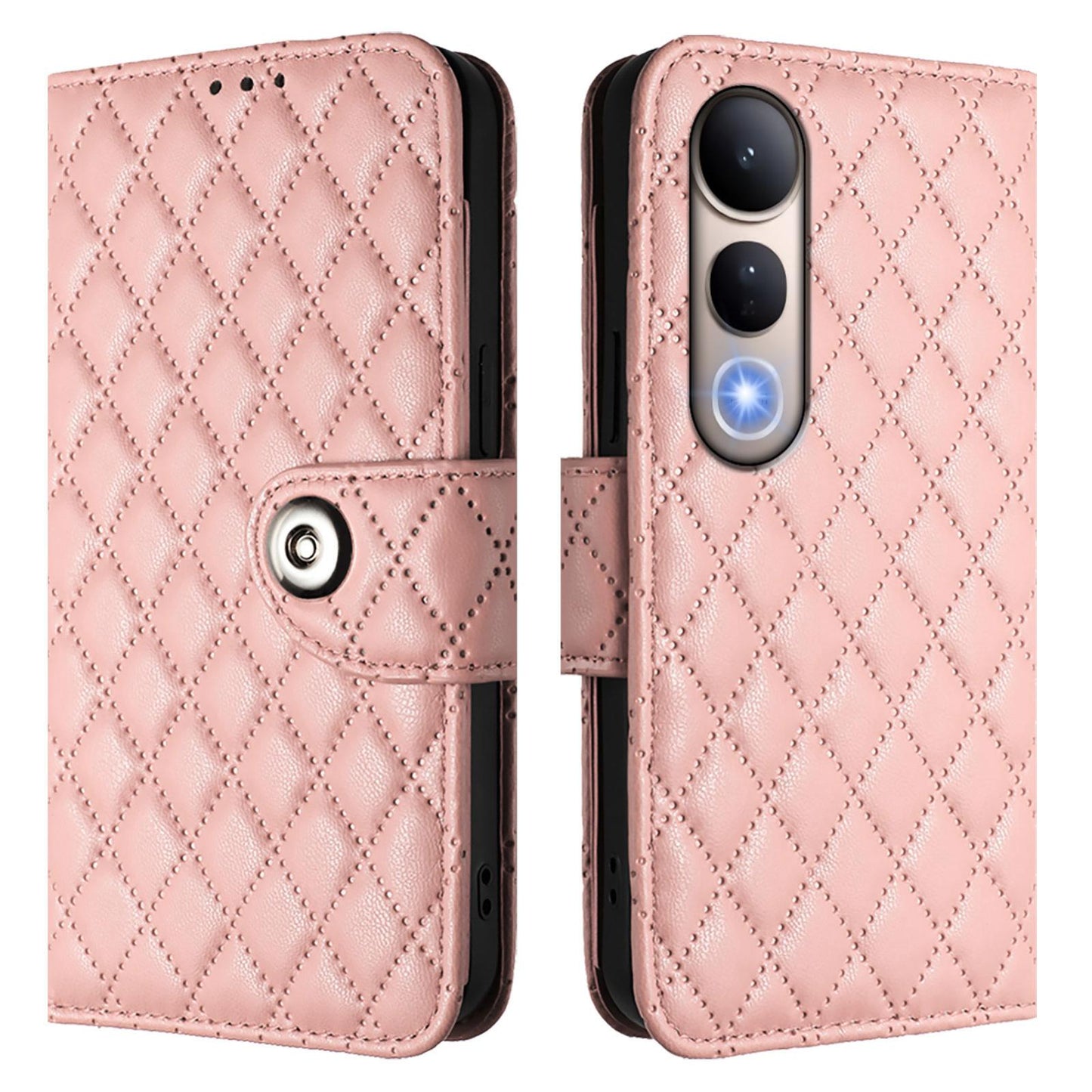 For vivo V50 Lite 5G Rhombic Texture Flip Leather Phone Case with Lanyard(Coral Pink)