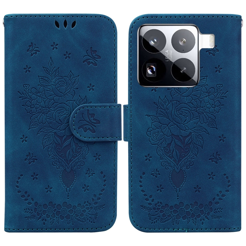 For Xiaomi 15 Pro Butterfly Rose Embossed Leather Phone Case(Blue)