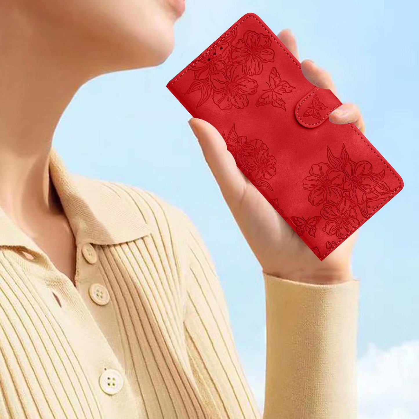 For Samsung Galaxy S25 Edge 5G Cherry Blossom Butterfly Skin Feel Embossed PU Phone Case(Red)