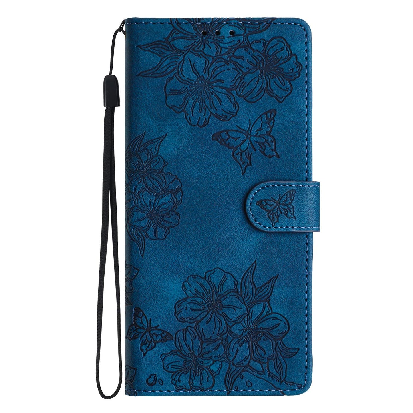 For Samsung Galaxy S25 Edge 5G Cherry Blossom Butterfly Skin Feel Embossed PU Phone Case(Blue)
