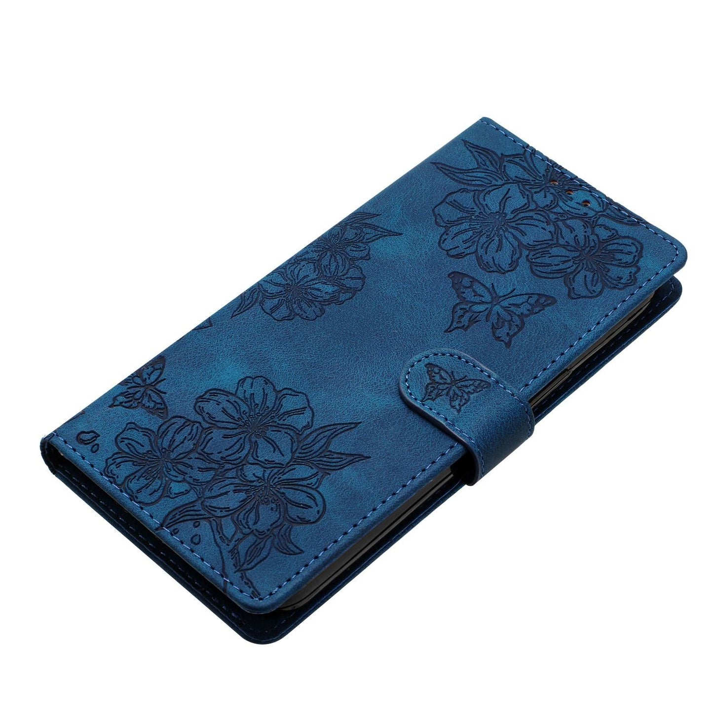 For Samsung Galaxy S25 Edge 5G Cherry Blossom Butterfly Skin Feel Embossed PU Phone Case(Blue)