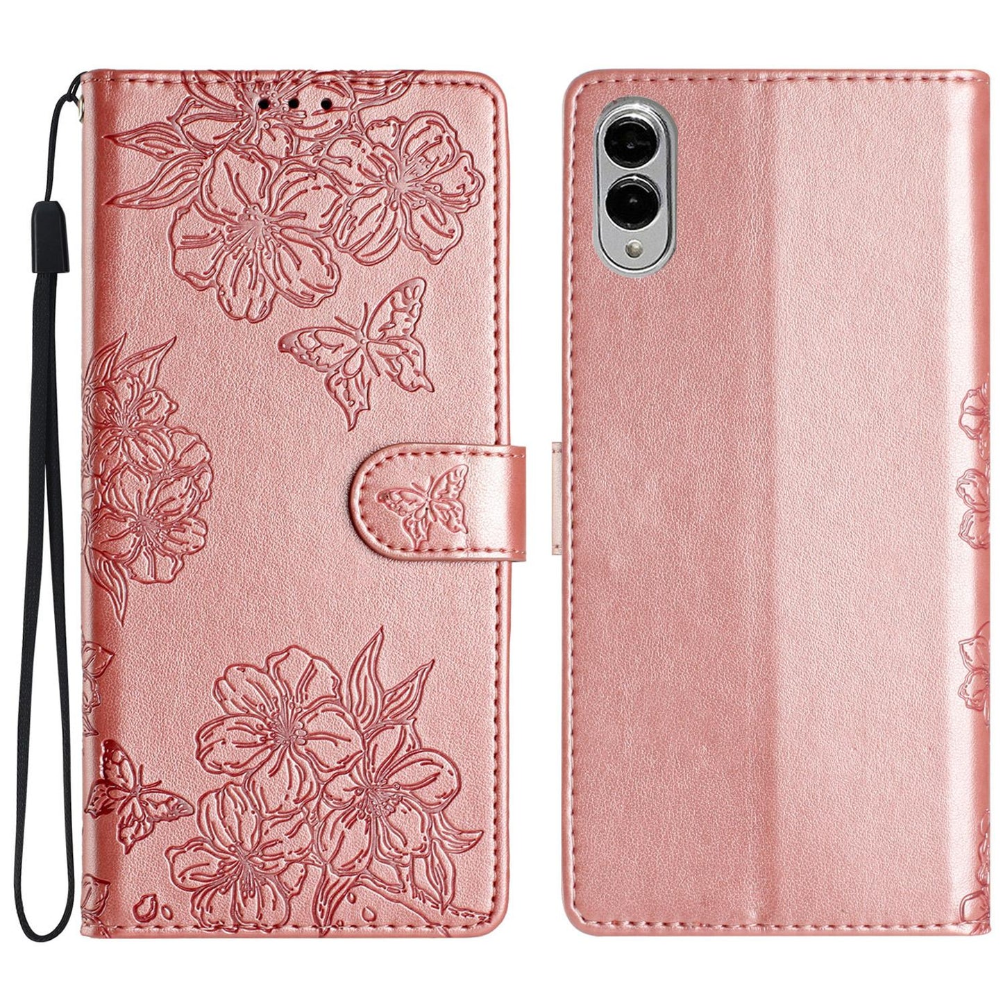 For Samsung Galaxy S25 Edge 5G Cherry Blossom Butterfly Skin Feel Embossed PU Phone Case(Rose Gold)
