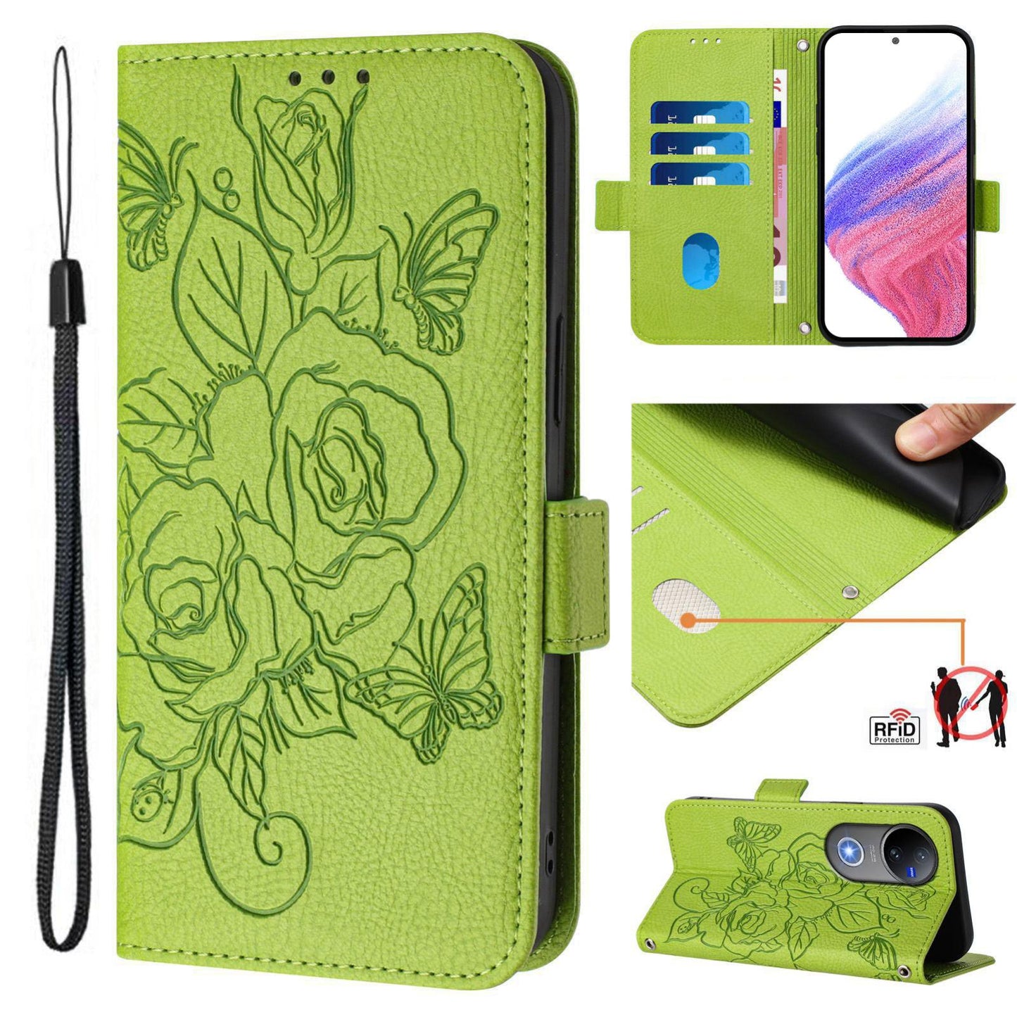 For vivo V50 5G Global Embossed Rose RFID Anti-theft Leather Phone Case(Green)