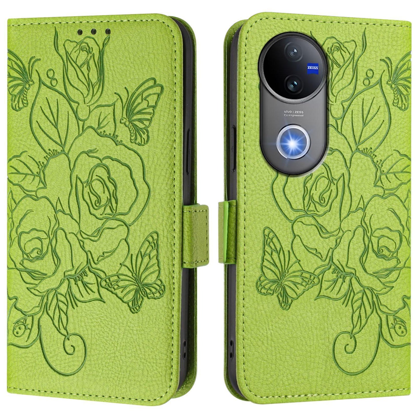 For vivo V50 5G Global Embossed Rose RFID Anti-theft Leather Phone Case(Green)