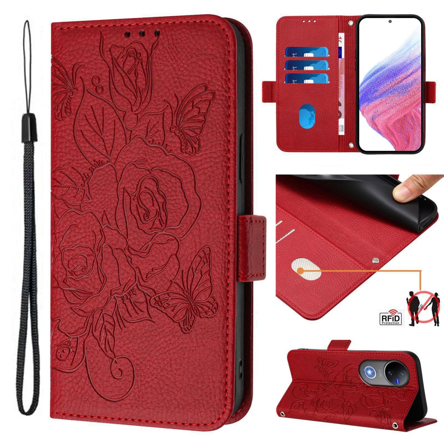For vivo V50 5G Global Embossed Rose RFID Anti-theft Leather Phone Case(Red)