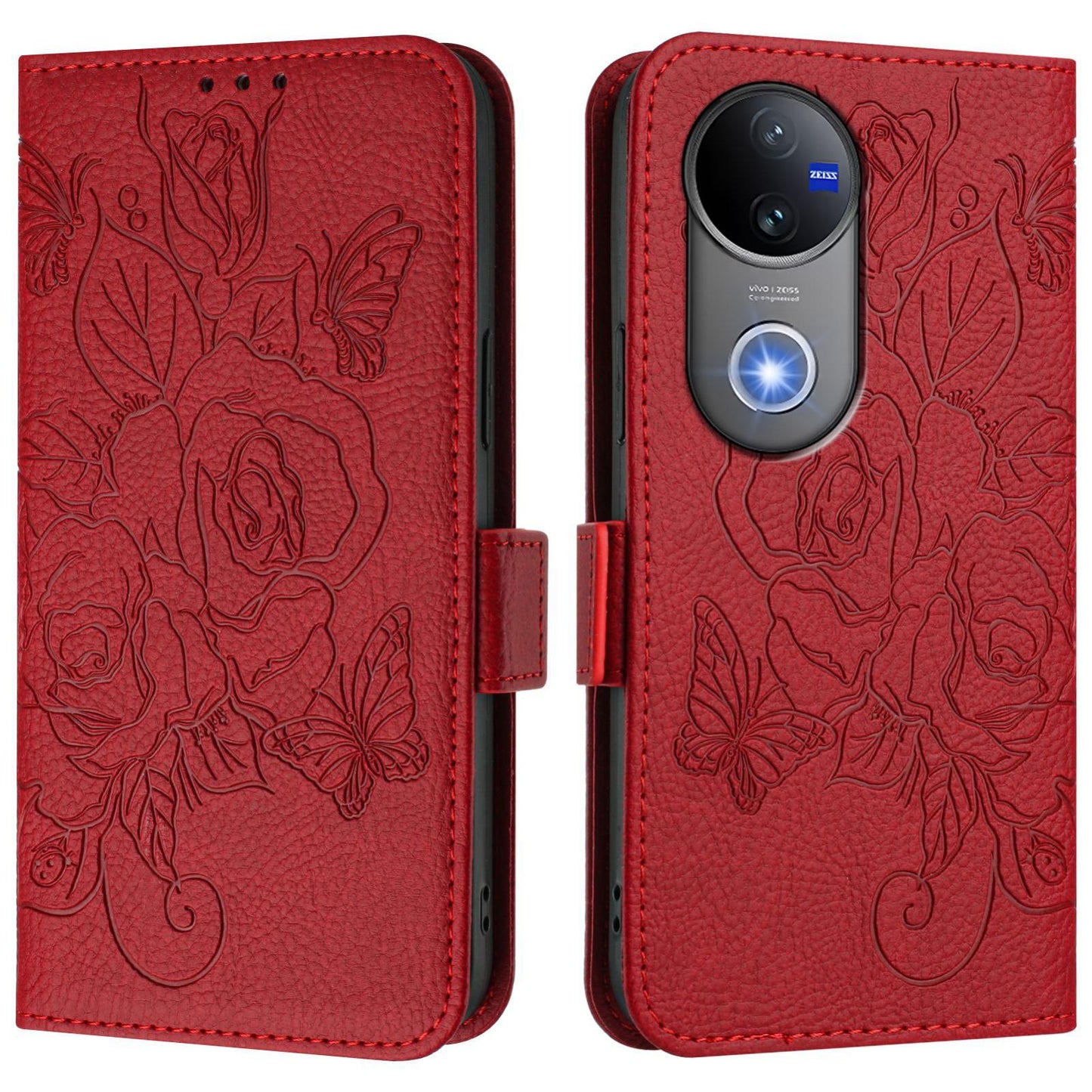 For vivo V50 5G Global Embossed Rose RFID Anti-theft Leather Phone Case(Red)