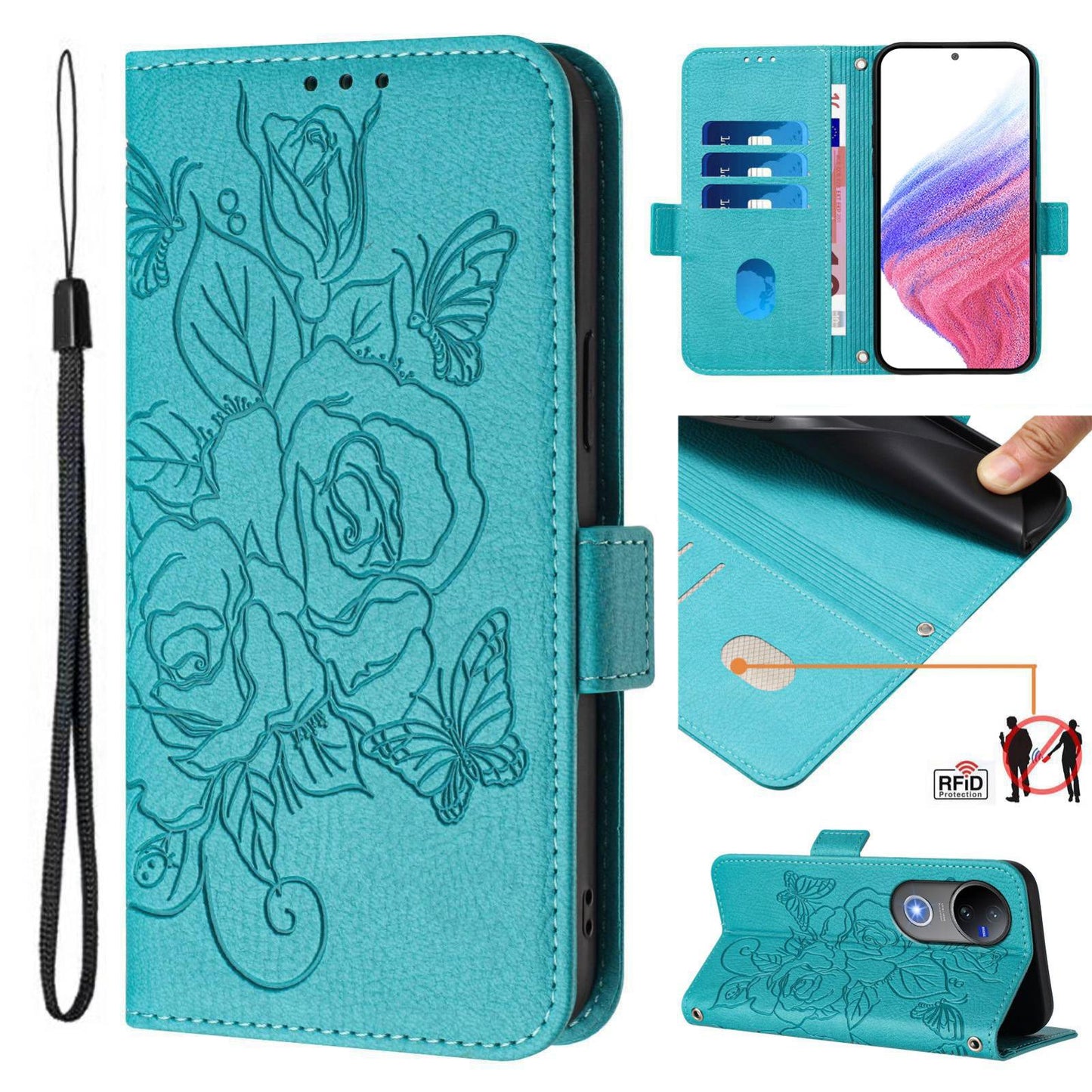 For vivo V50 5G Global Embossed Rose RFID Anti-theft Leather Phone Case(Light Blue)