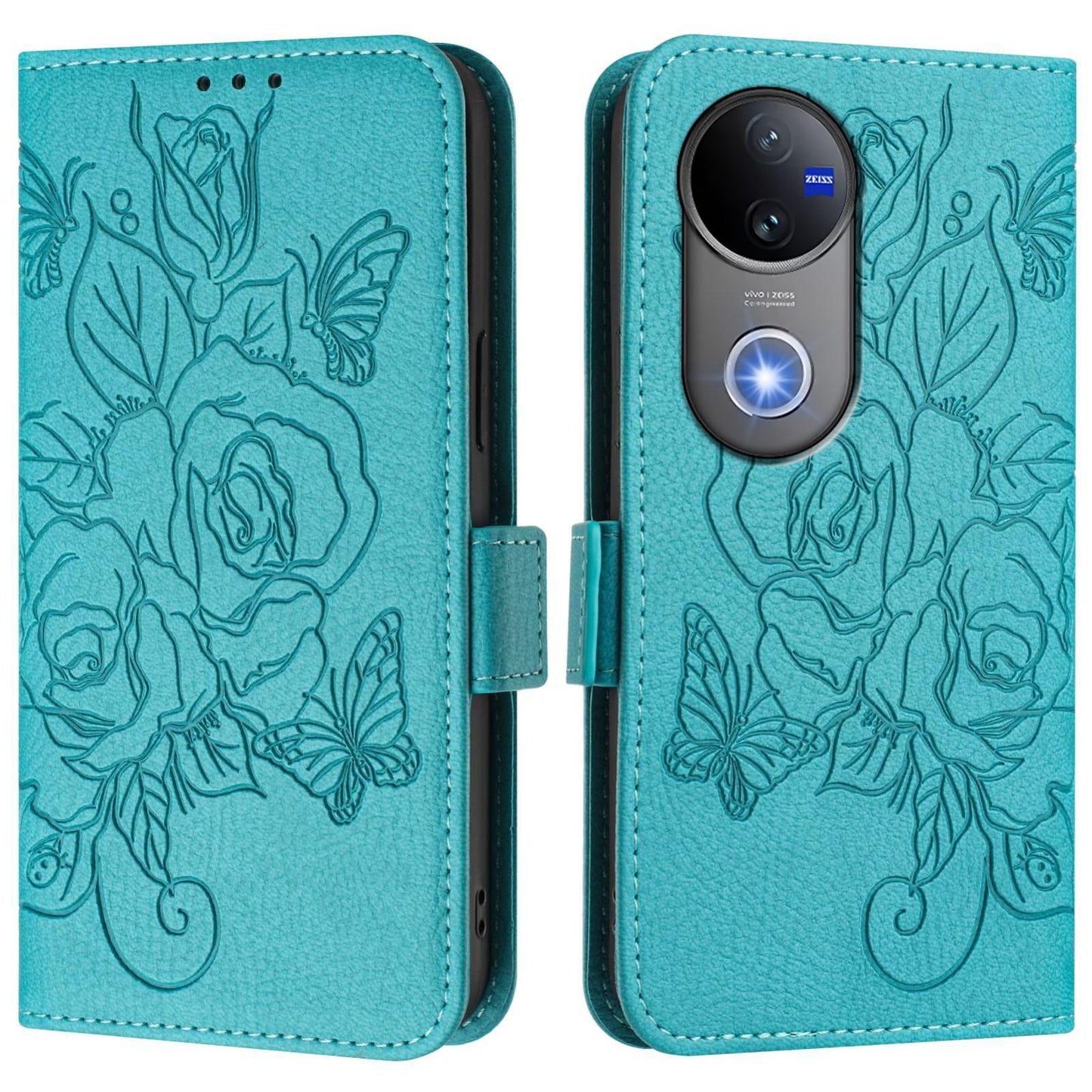For vivo V50 5G Global Embossed Rose RFID Anti-theft Leather Phone Case(Light Blue)