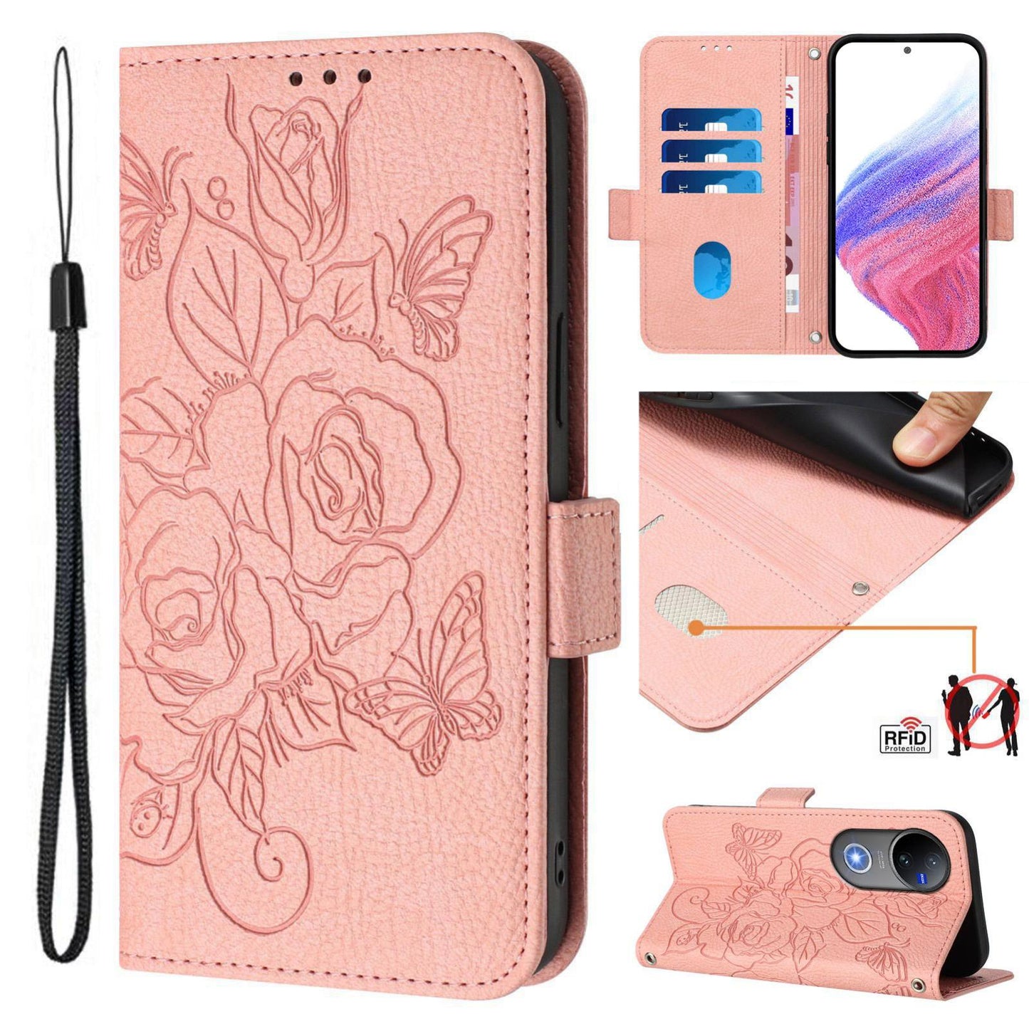 For vivo V50 5G Global Embossed Rose RFID Anti-theft Leather Phone Case(Pink)