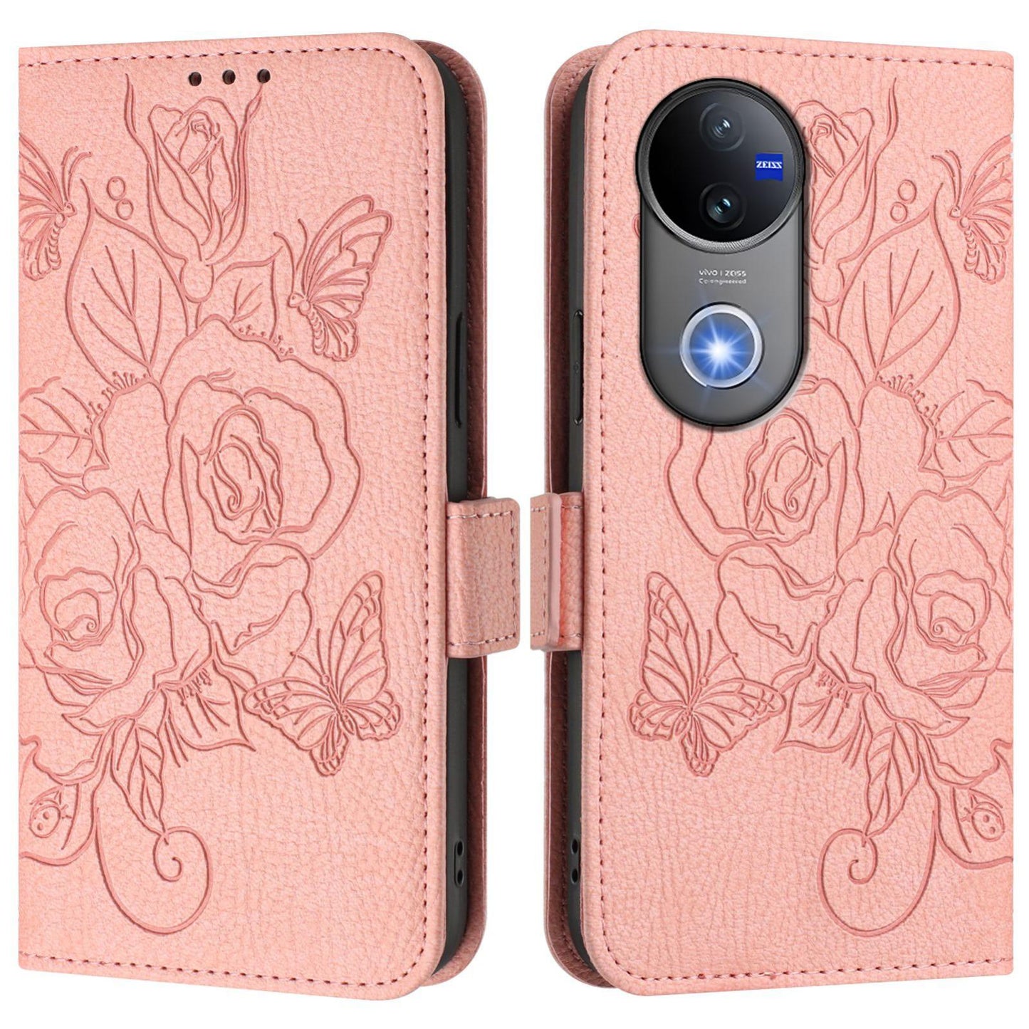 For vivo V50 5G Global Embossed Rose RFID Anti-theft Leather Phone Case(Pink)