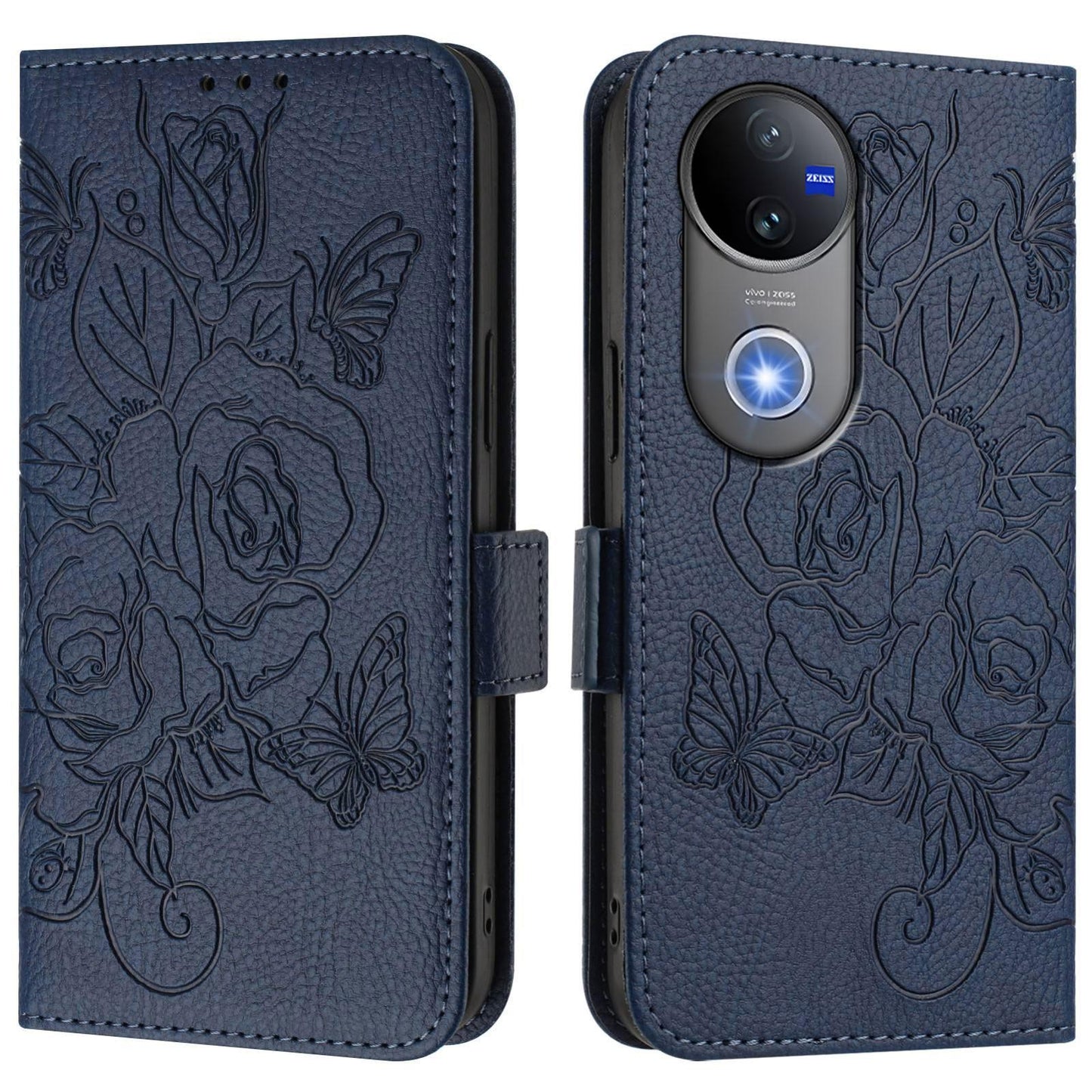 For vivo V50 5G Global Embossed Rose RFID Anti-theft Leather Phone Case(Dark Blue)