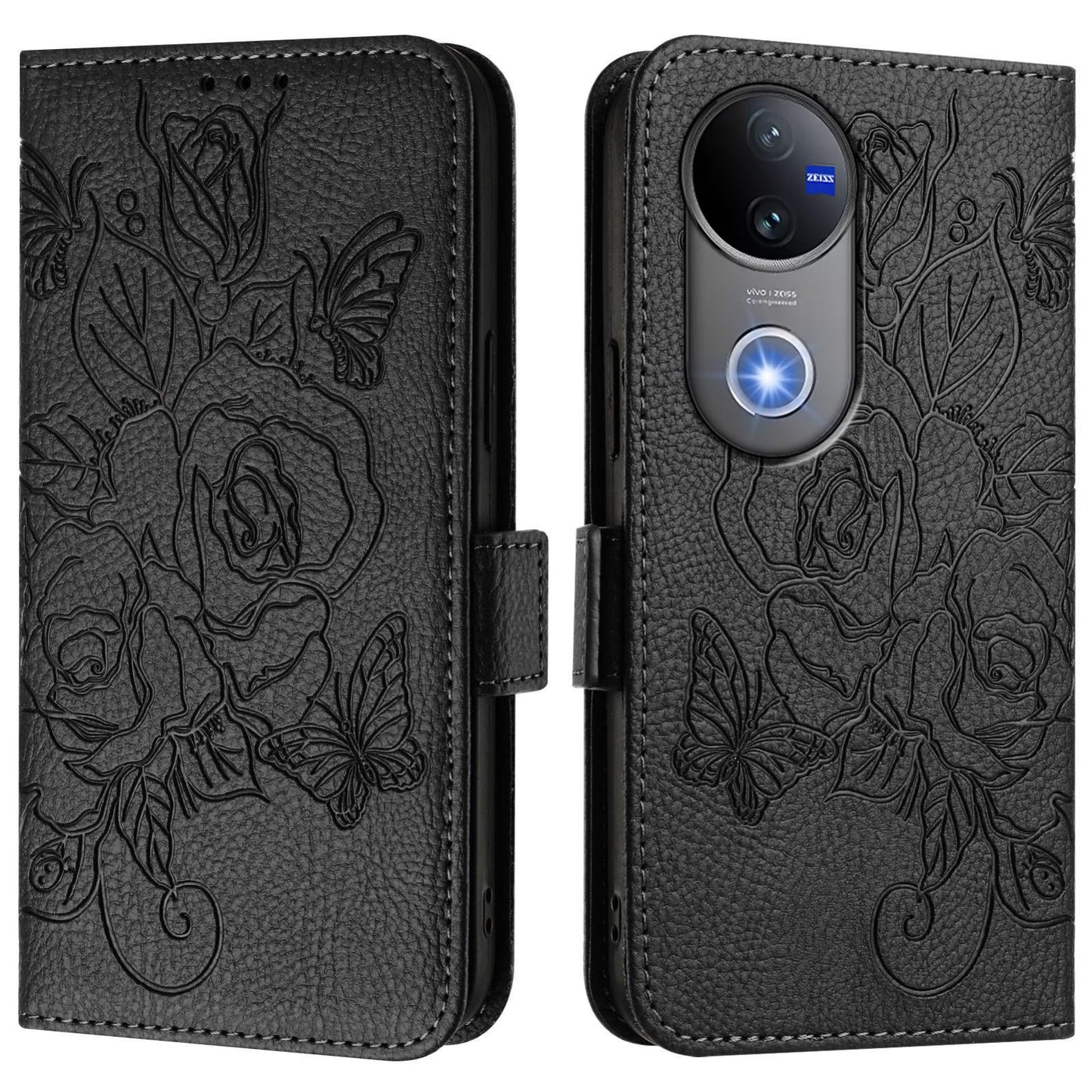 For vivo V50 5G Global Embossed Rose RFID Anti-theft Leather Phone Case(Black)