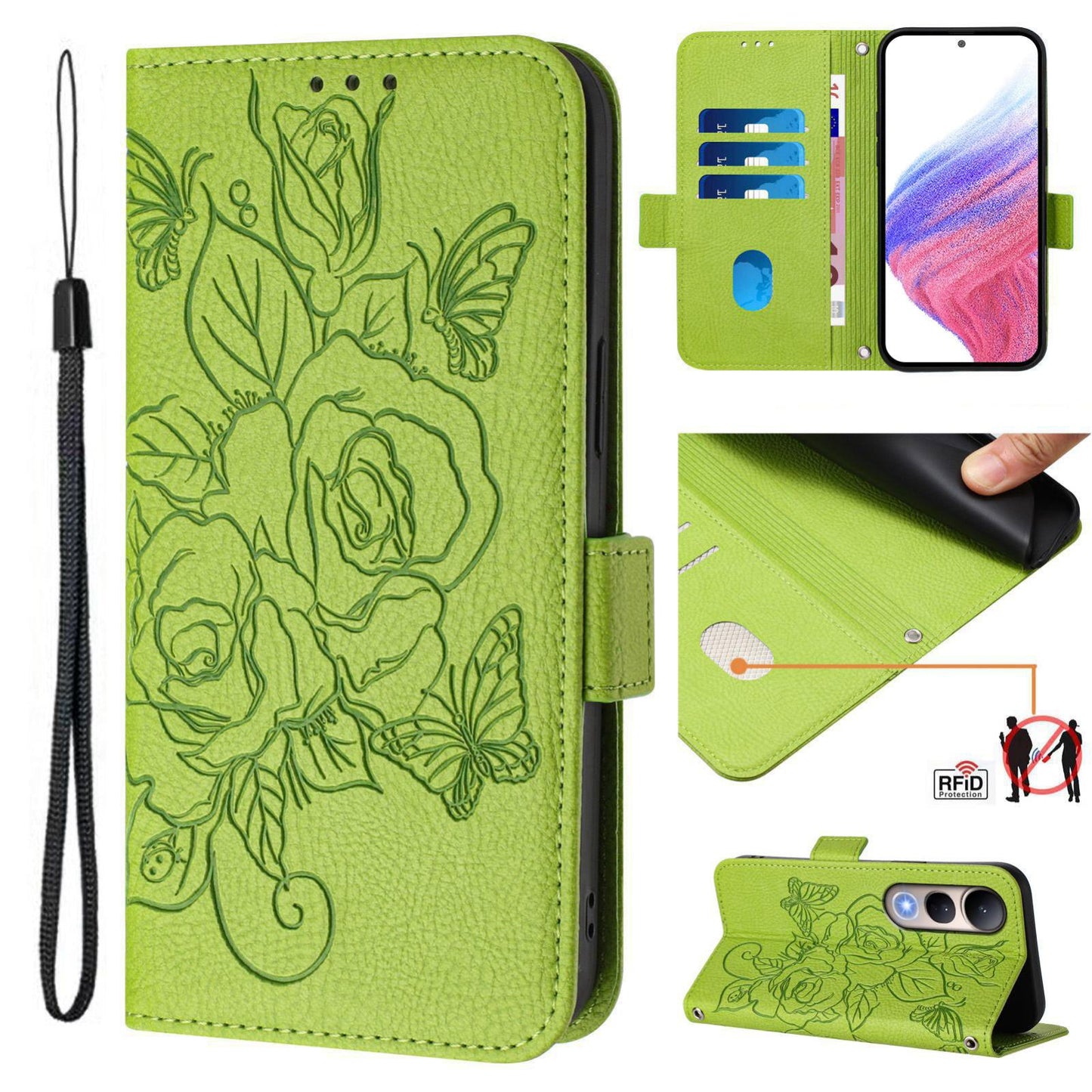 For vivo V50 Lite 5G Embossed Rose RFID Anti-theft Leather Phone Case(Green)