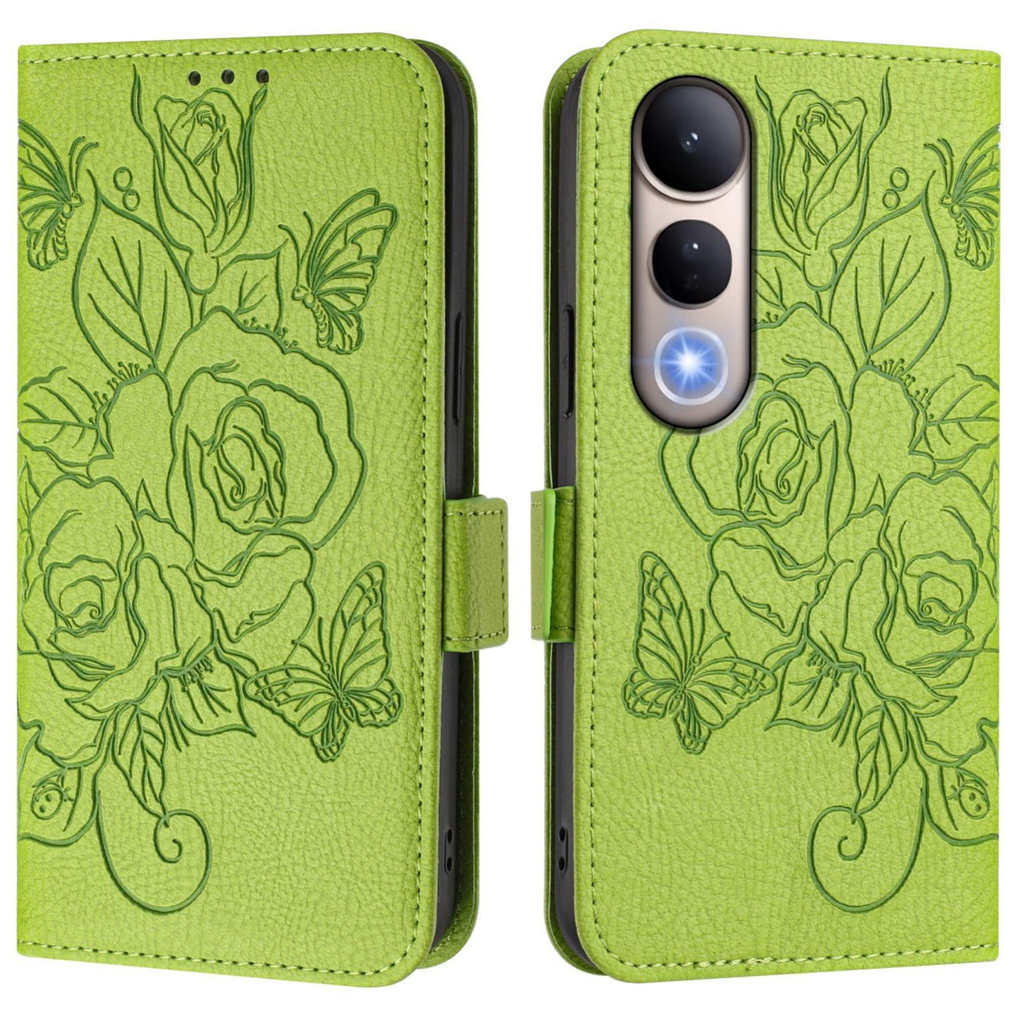 For vivo V50 Lite 5G Embossed Rose RFID Anti-theft Leather Phone Case(Green)