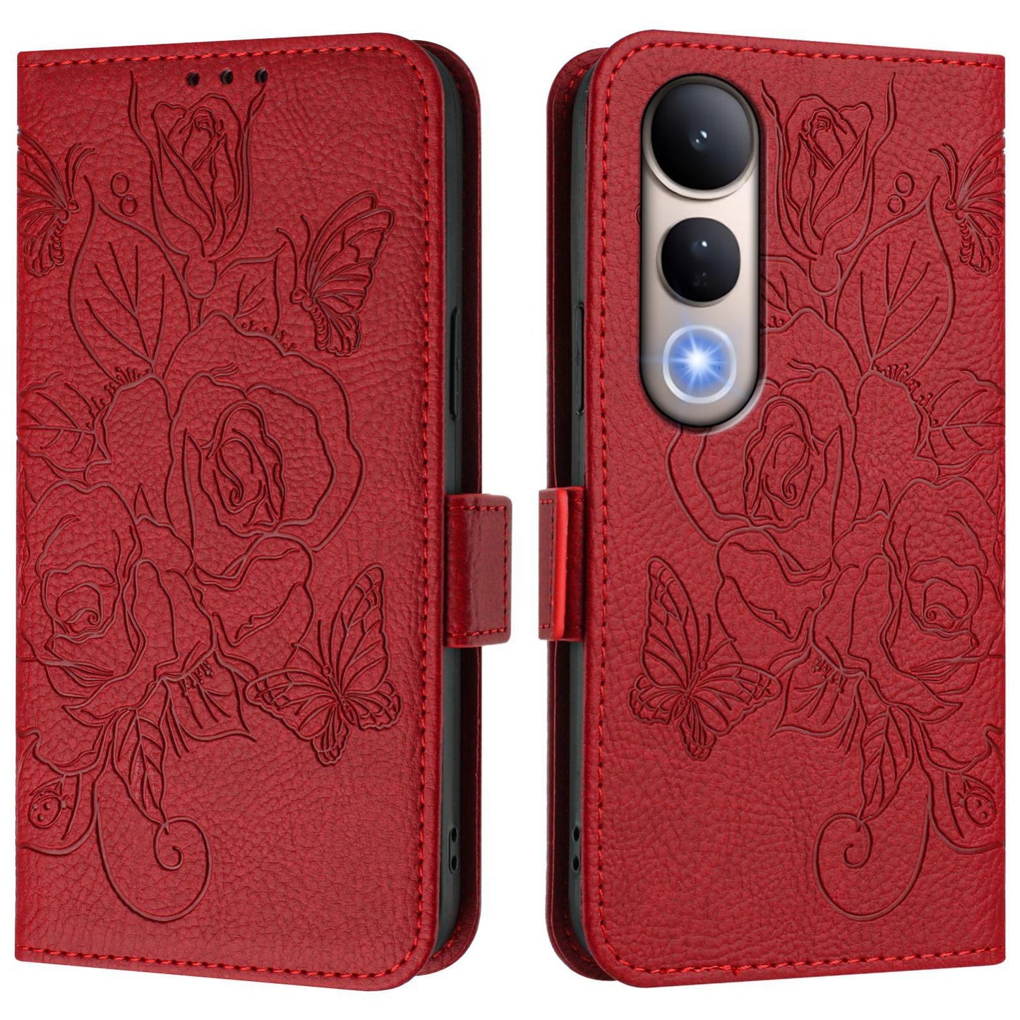 For vivo V50 Lite 5G Embossed Rose RFID Anti-theft Leather Phone Case(Red)
