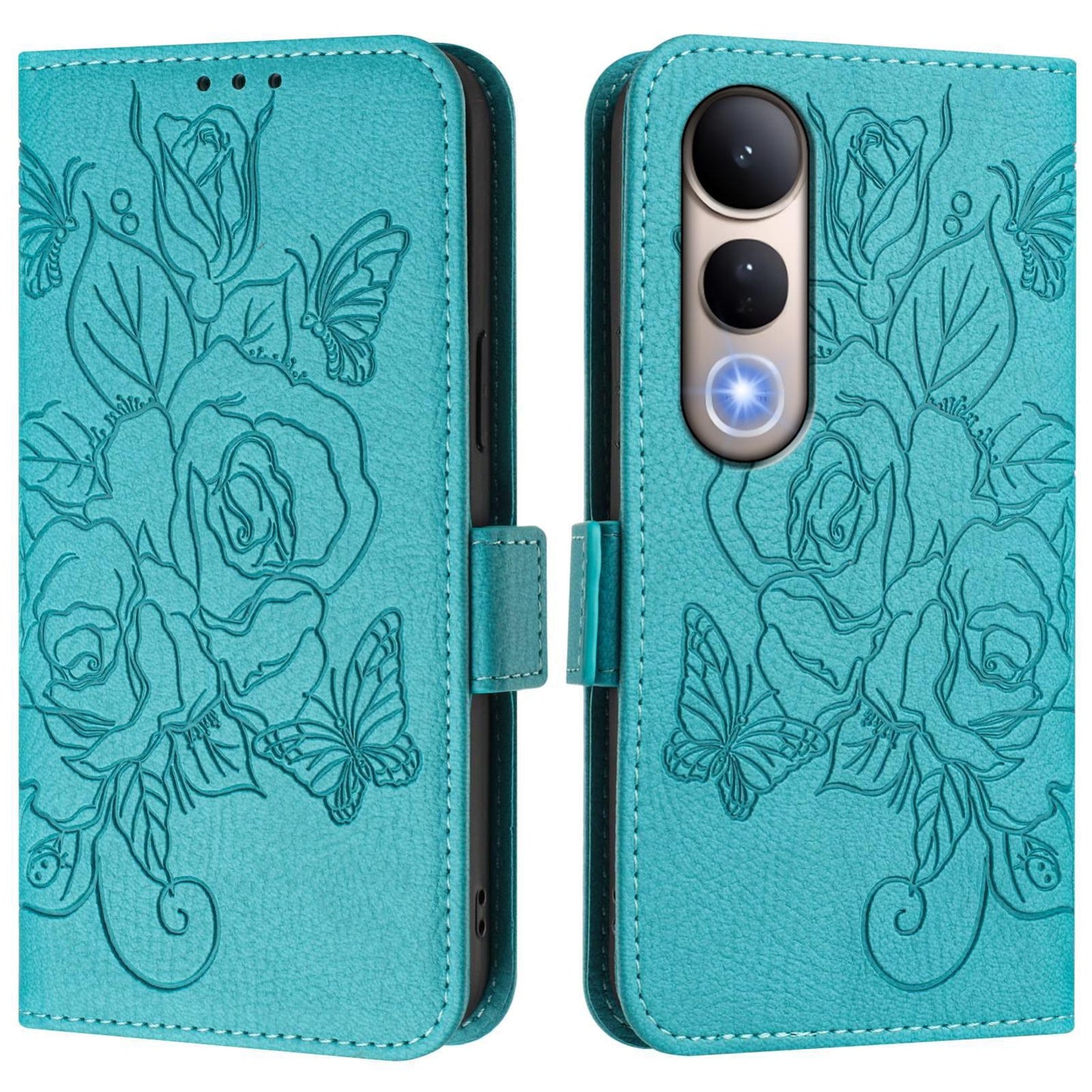 For vivo V50 Lite 5G Embossed Rose RFID Anti-theft Leather Phone Case(Light Blue)