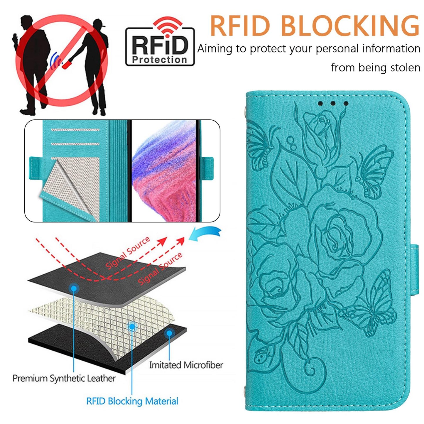 For vivo V50 Lite 5G Embossed Rose RFID Anti-theft Leather Phone Case(Light Blue)