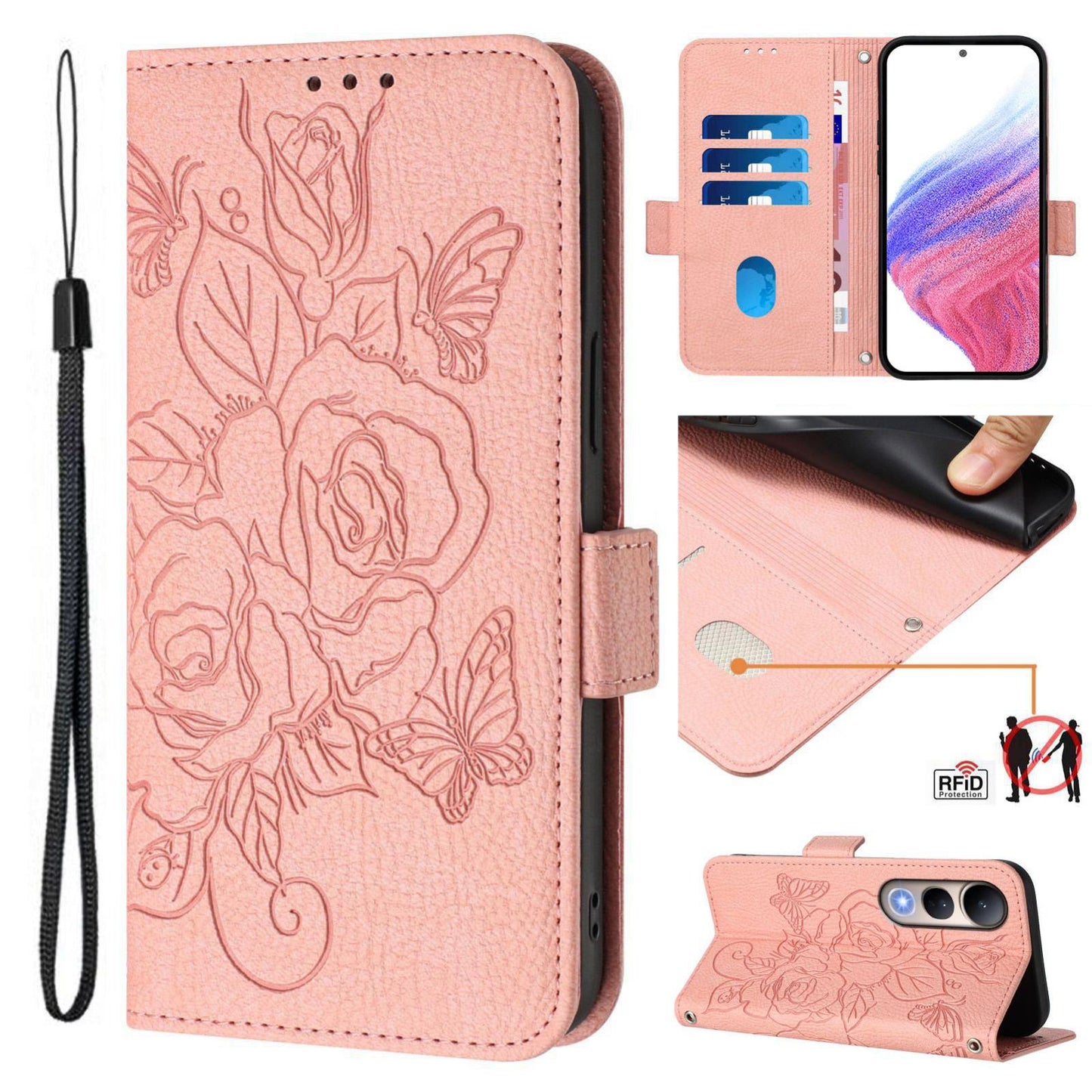 For vivo V50 Lite 5G Embossed Rose RFID Anti-theft Leather Phone Case(Pink)