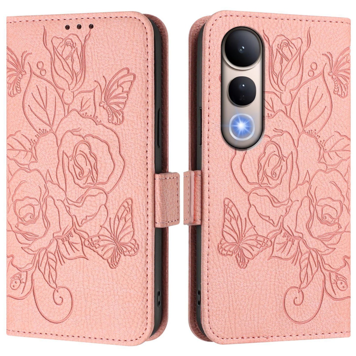 For vivo V50 Lite 5G Embossed Rose RFID Anti-theft Leather Phone Case(Pink)