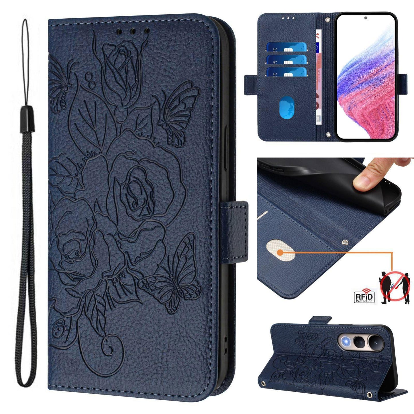 For vivo V50 Lite 5G Embossed Rose RFID Anti-theft Leather Phone Case(Dark Blue)