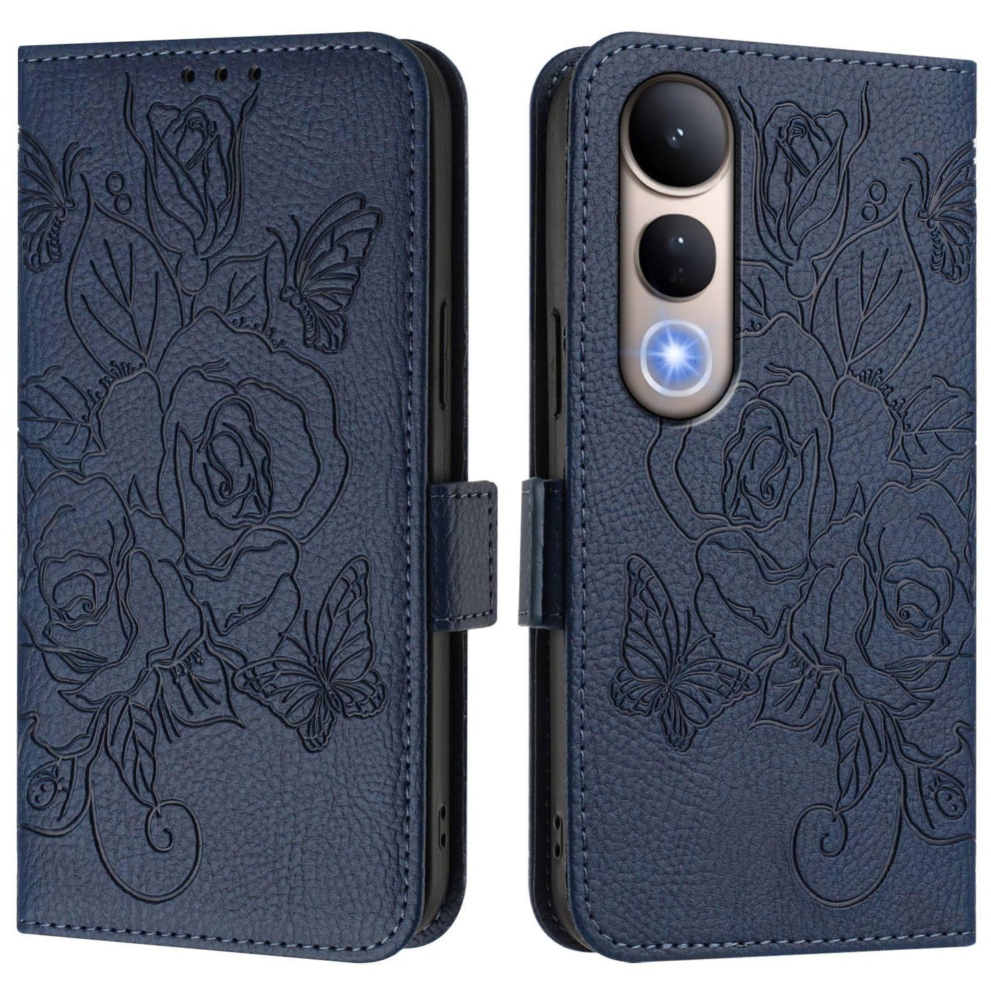 For vivo V50 Lite 5G Embossed Rose RFID Anti-theft Leather Phone Case(Dark Blue)