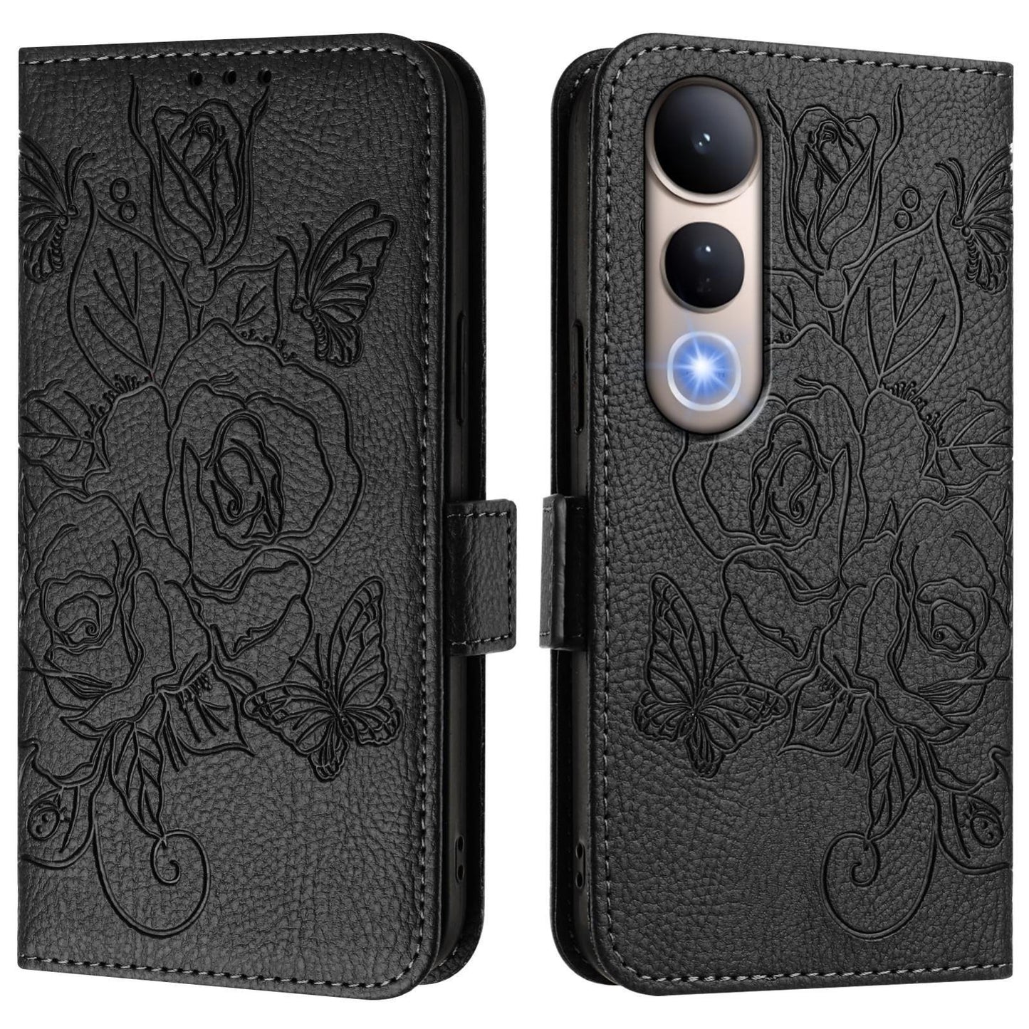 For vivo V50 Lite 5G Embossed Rose RFID Anti-theft Leather Phone Case(Black)